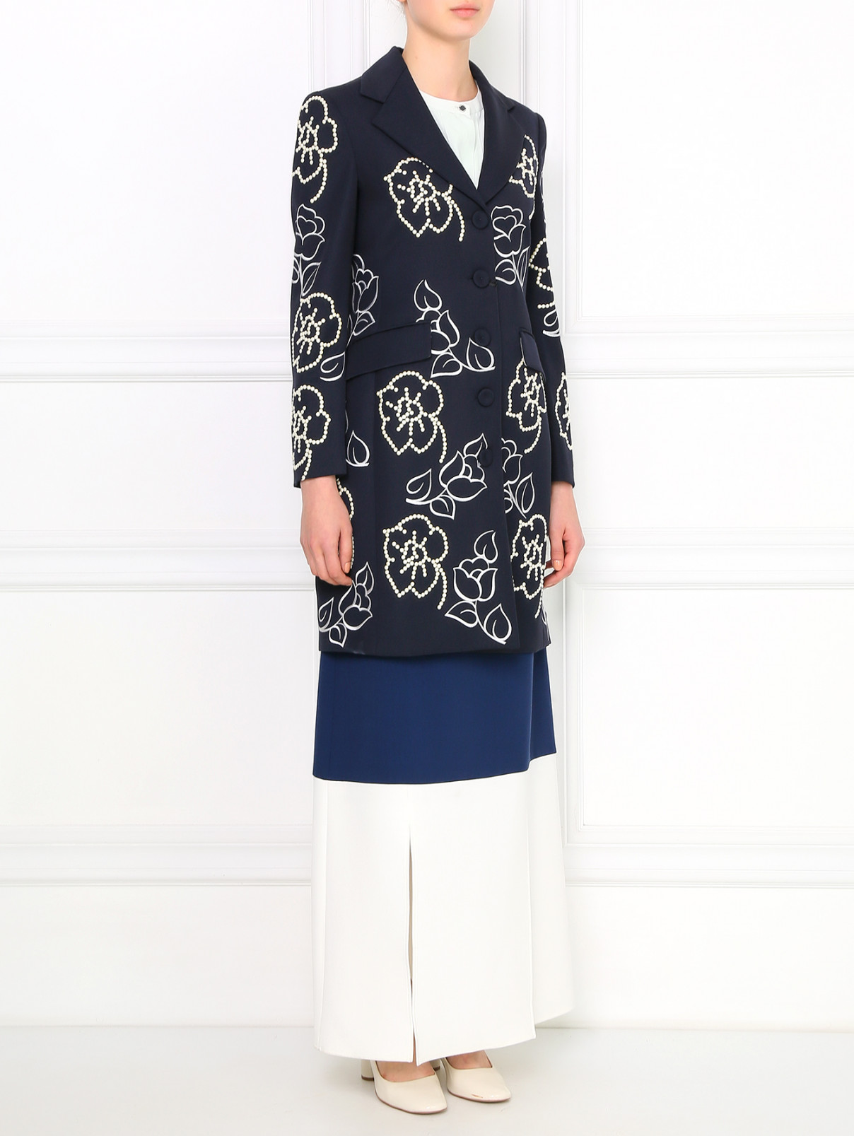 Пальто из шерсти с боковыми карманами с аппликацией из бусин Moschino  –  Модель Общий вид  – Цвет:  Синий