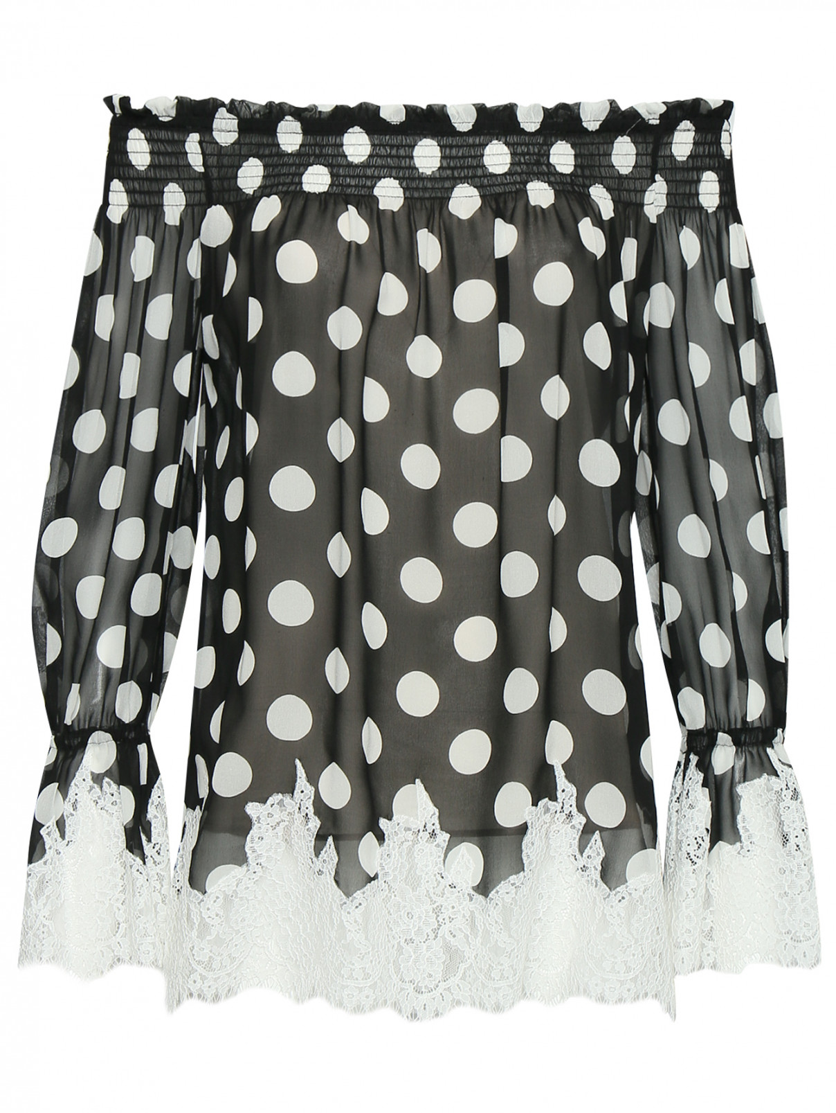 Блуза из шелка с узором горох и кружевной отделкой Luisa Spagnoli  –  Общий вид  – Цвет:  Черный