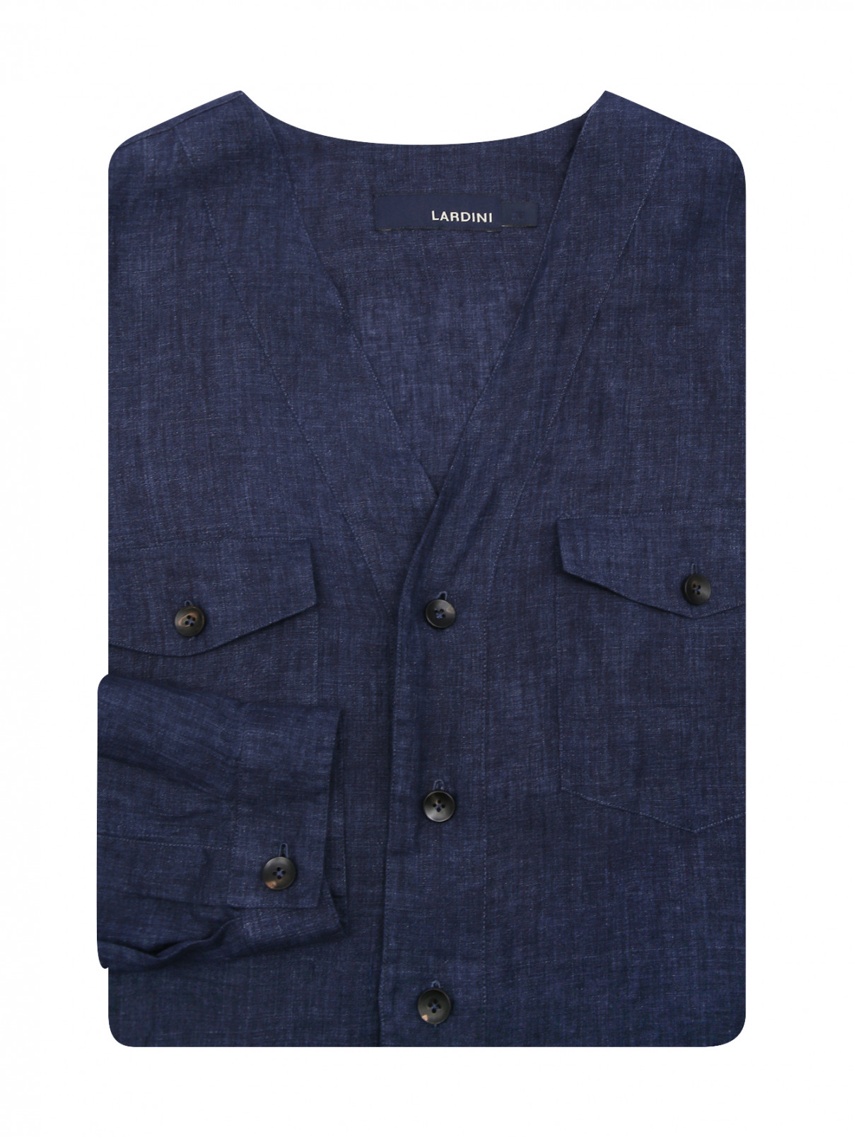 Рубашка изо льна с накладными карманами LARDINI  –  Общий вид  – Цвет:  Синий