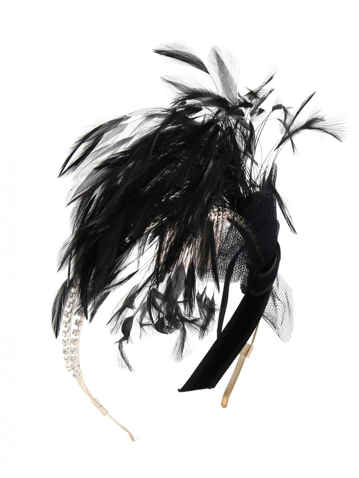 Ободок из металла декорированный  кристаллами и перьями Stephan Janson  –  Общий вид  – Цвет:  Черный