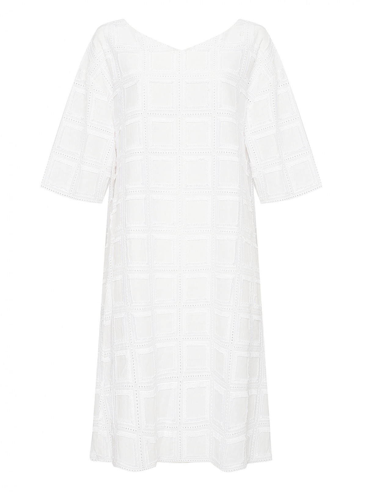 Платье из льна и хлопка с вышивкой и бахромой Alpha Studio  –  Общий вид  – Цвет:  Белый