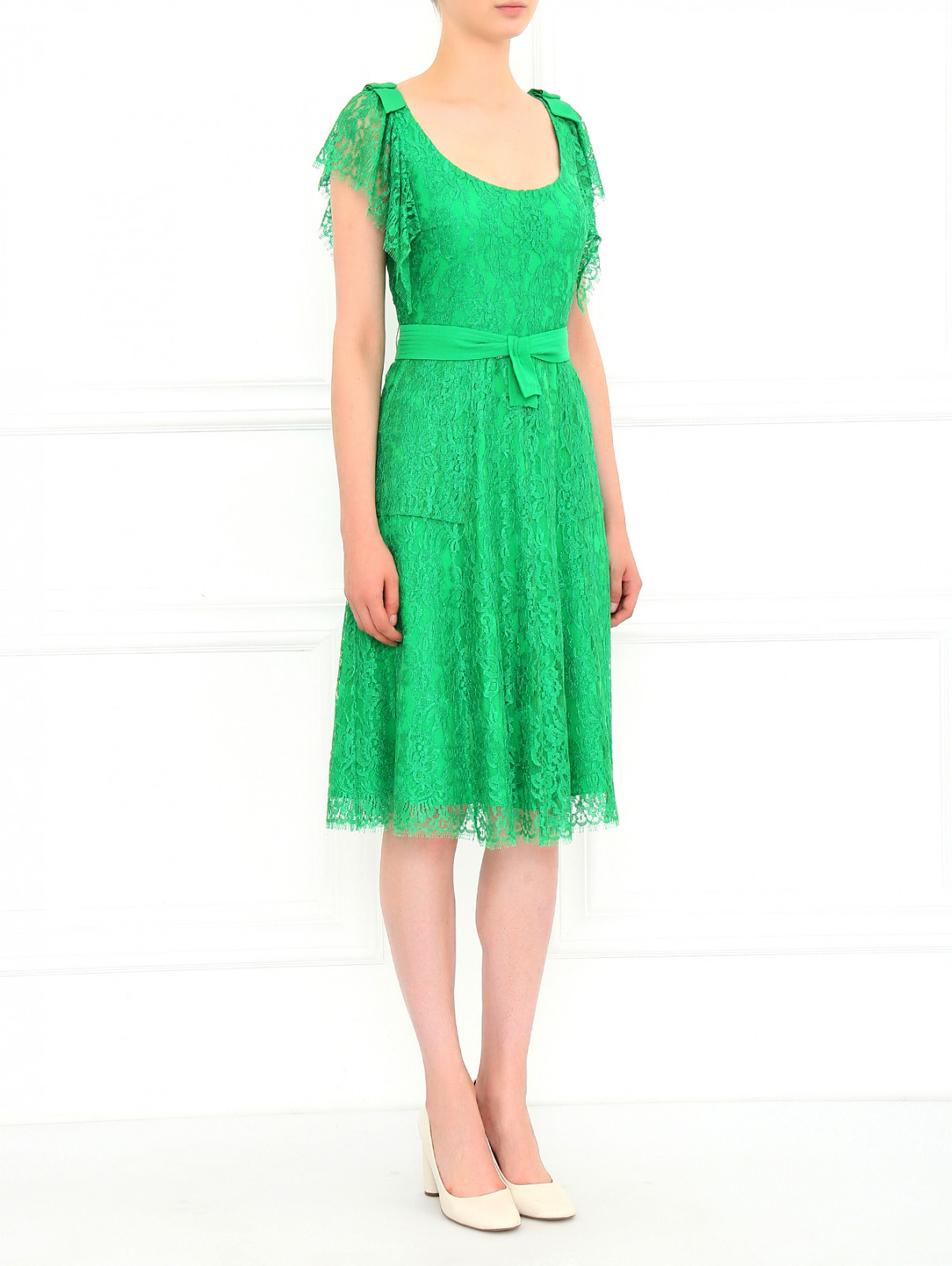 Платье-миди из кружева с поясом Collette Dinnigan  –  Модель Общий вид  – Цвет:  Зеленый