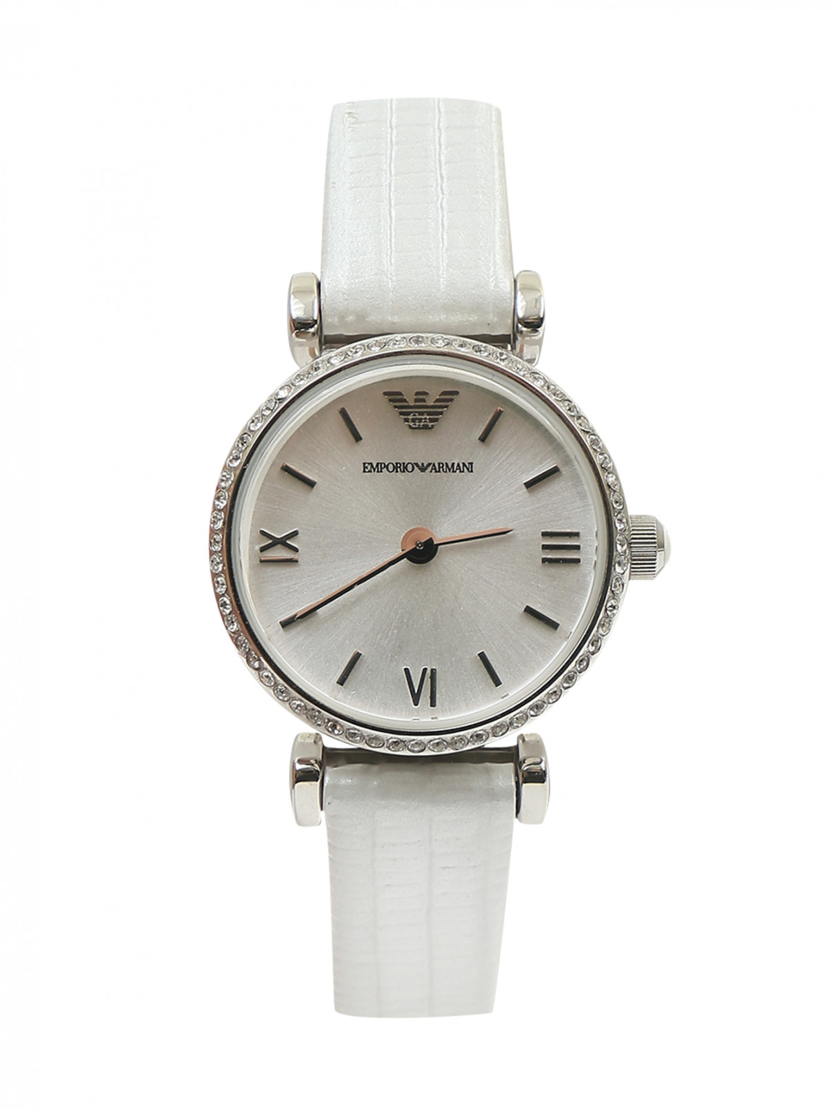 Часы с кожаным браслетом декорированные стразами Emporio Armani  –  Общий вид  – Цвет:  Белый