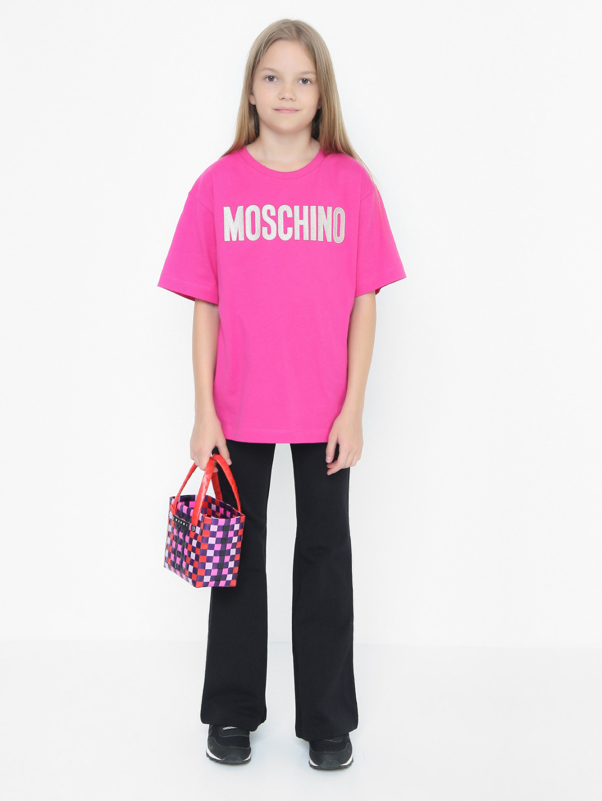 Футболка с вышивкой из хлопка Moschino  –  МодельОбщийВид  – Цвет:  Розовый