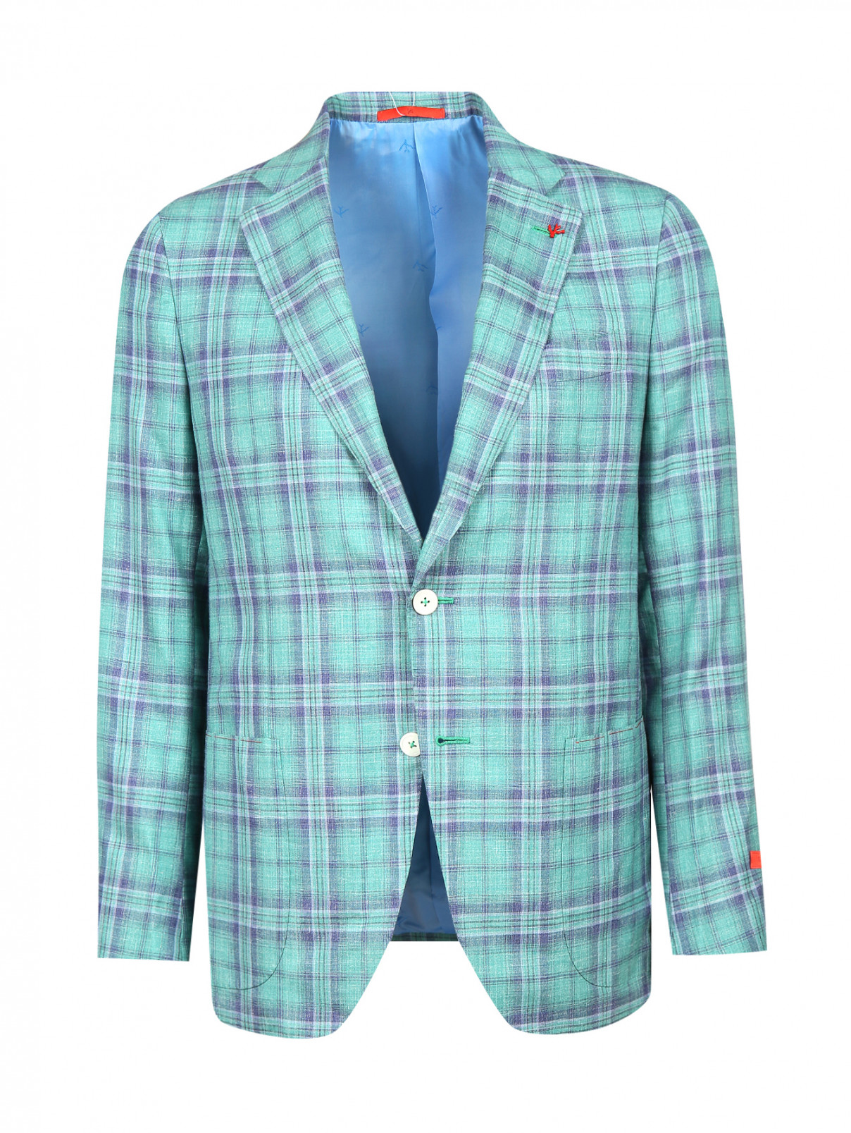 Пиджак однобортный из кашемира и шелка с узором "клетка" Isaia  –  Общий вид  – Цвет:  Зеленый