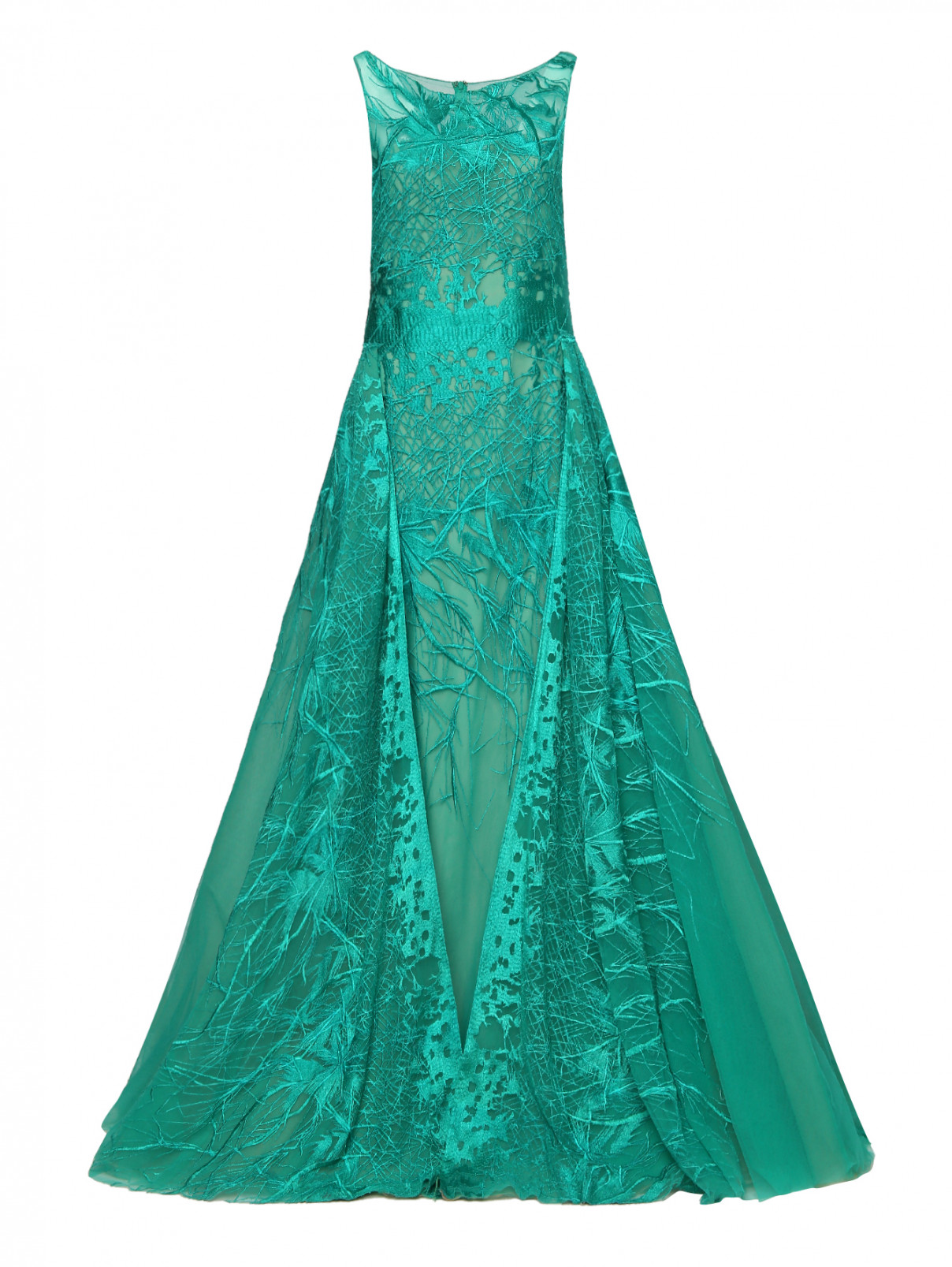 Платье-макси из шелка и сетки с вышивкой Tony Ward  –  Общий вид  – Цвет:  Зеленый