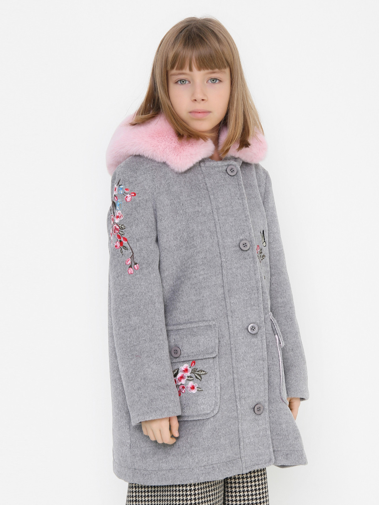 Пальто с вышивкой и накладными карманами MONNALISA  –  МодельВерхНиз  – Цвет:  Серый