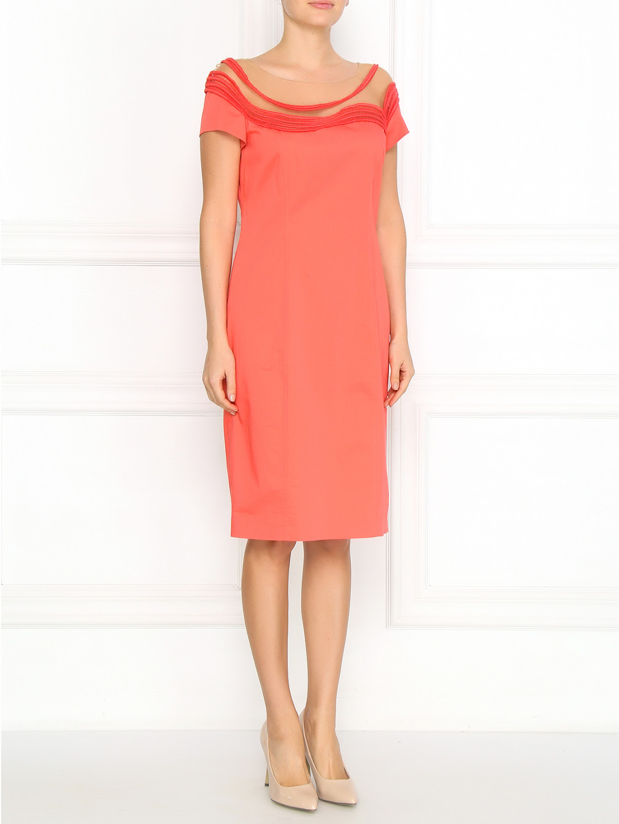 Платье из хлопка прямого кроя с прозрачной вставкой на груди Alberta Ferretti  –  Модель Общий вид  – Цвет:  Красный