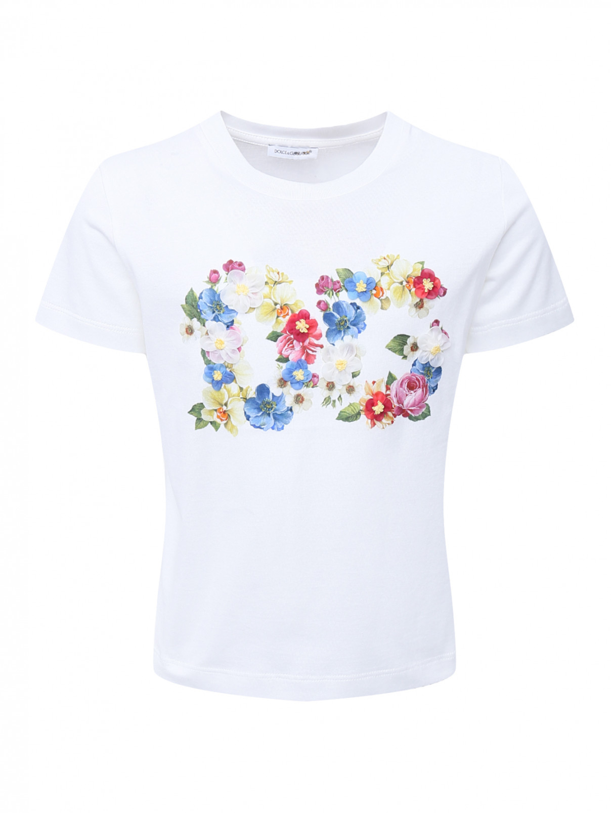 Футболка хлопкоавя с цветочной аппликацией Dolce & Gabbana  –  Общий вид  – Цвет:  Белый