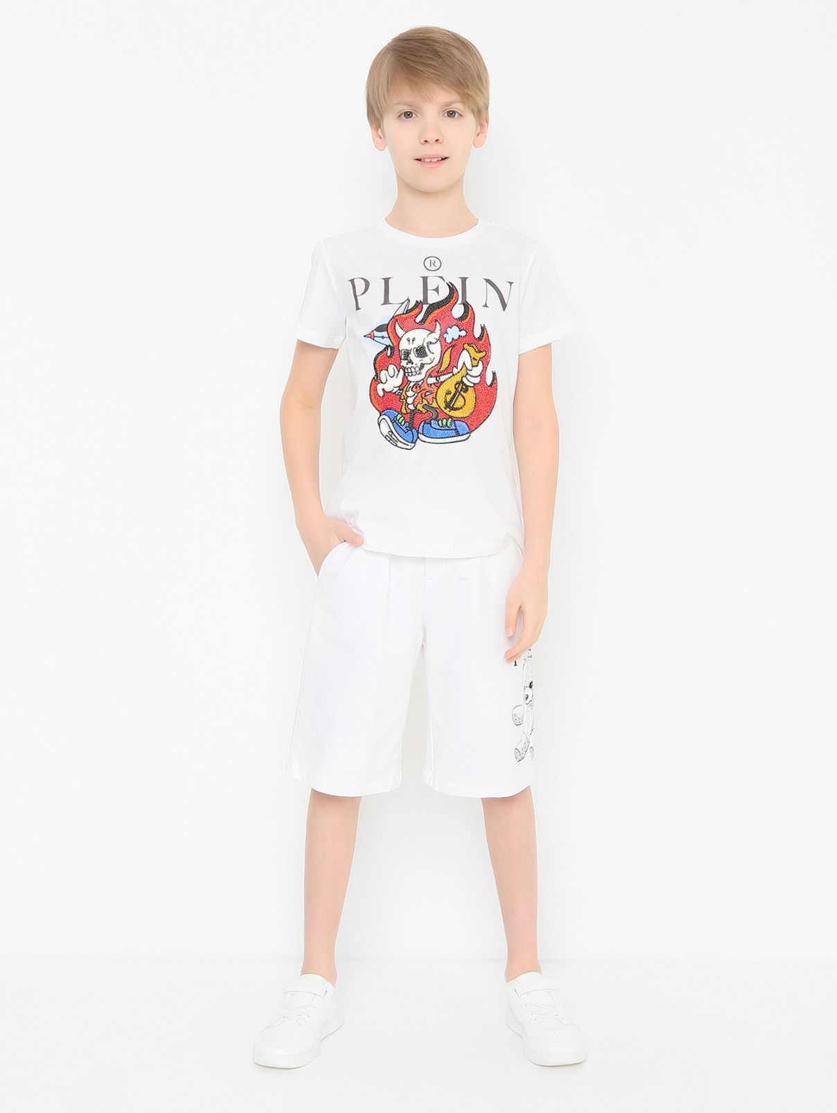 Хлопковые шорты с карманами Philipp Plein  –  МодельОбщийВид  – Цвет:  Белый
