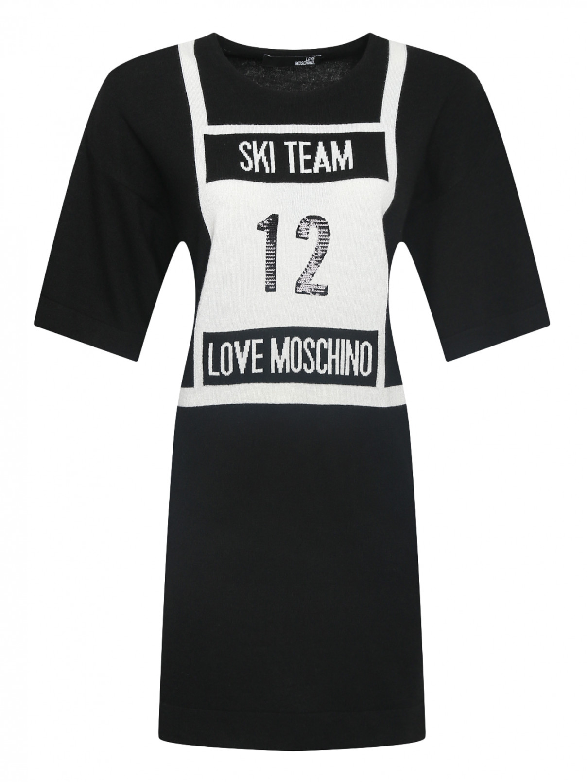 Трикотажное платье с узором,декорированное пайетками Love Moschino  –  Общий вид  – Цвет:  Черный
