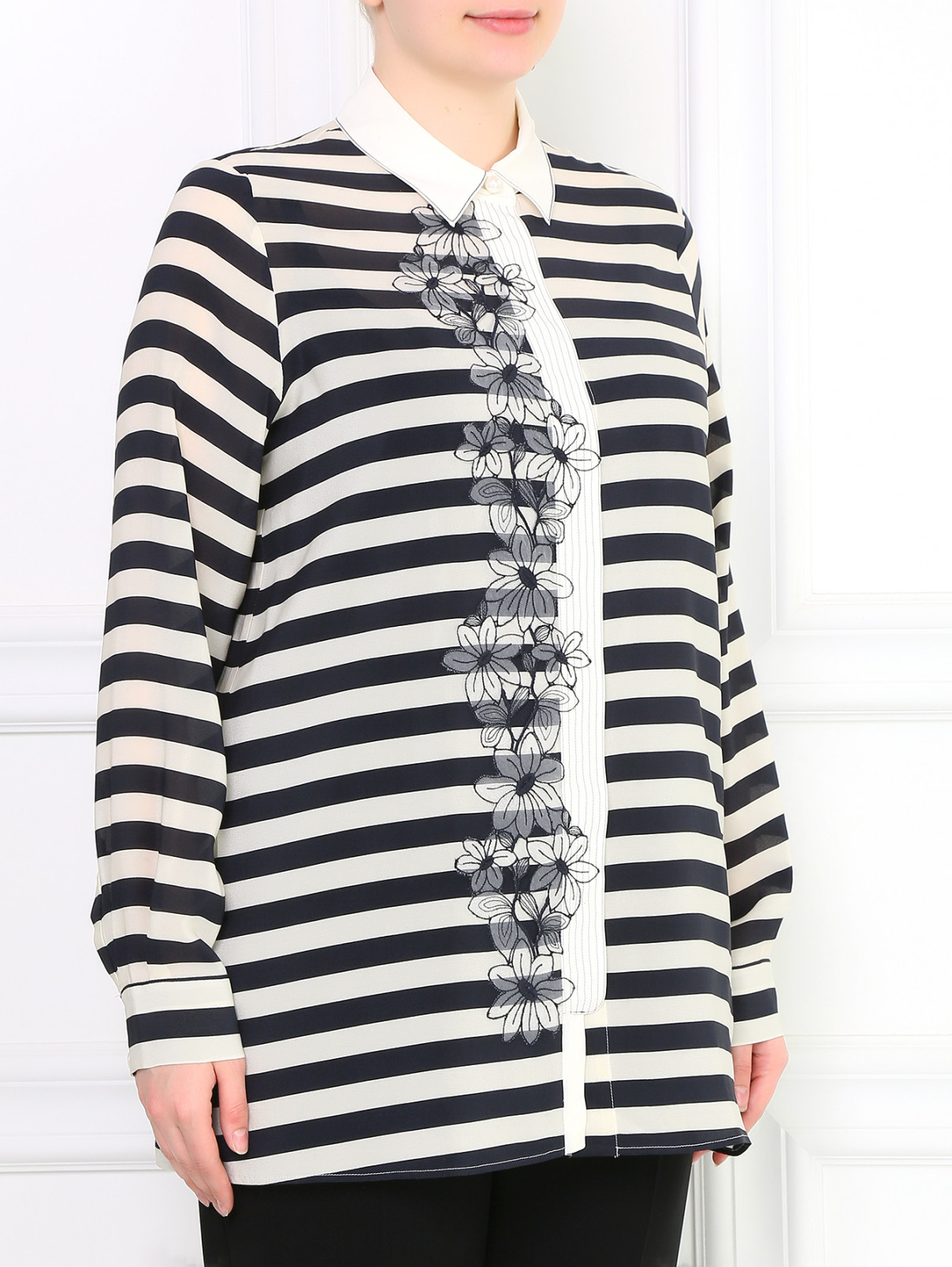 Блуза из шелка с узором "полоска" с аппликацией Marina Rinaldi  –  Модель Верх-Низ  – Цвет:  Узор