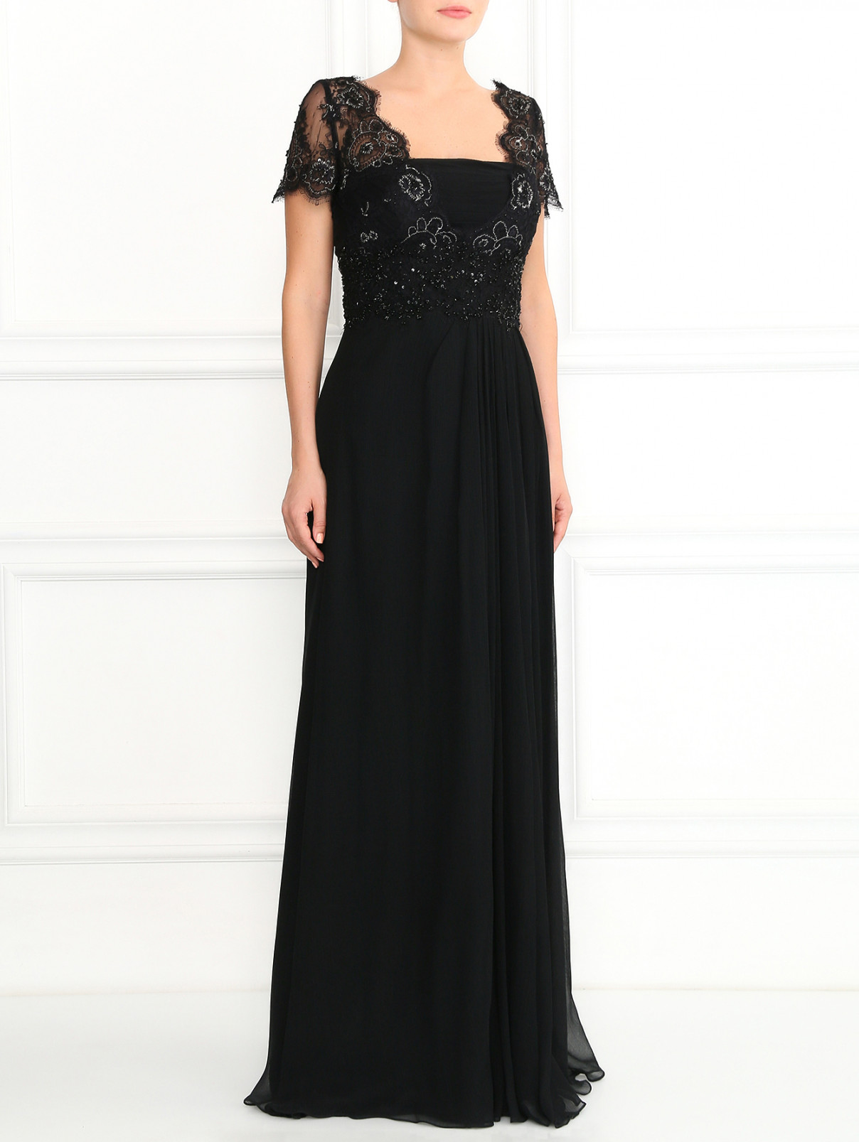 Платье-макси из шелка, декорированное кружевом и бисером Rosa Clara  –  Модель Общий вид  – Цвет:  Черный