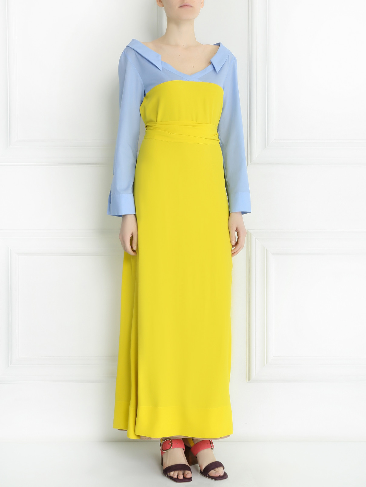 Платье-макси из смешанного шелка с контрастной вставкой Erika Cavallini  –  Модель Общий вид  – Цвет:  Желтый