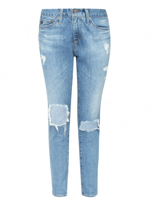 Укороченные джинсы прямого кроя с потертостями - Общий вид