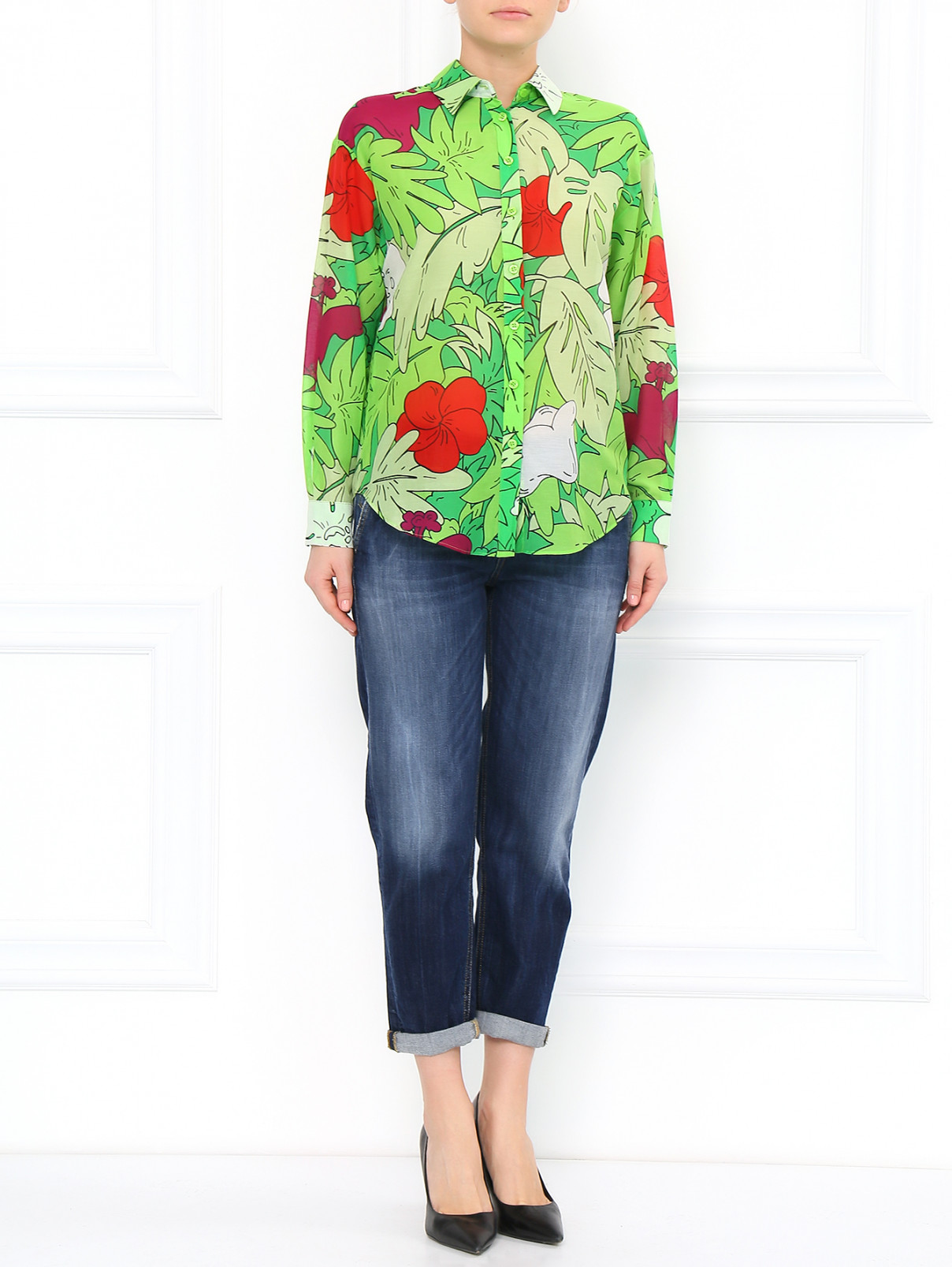 Блуза из шелка и хлопка с цветочным принтом Moschino Cheap&Chic  –  Модель Общий вид  – Цвет:  Зеленый