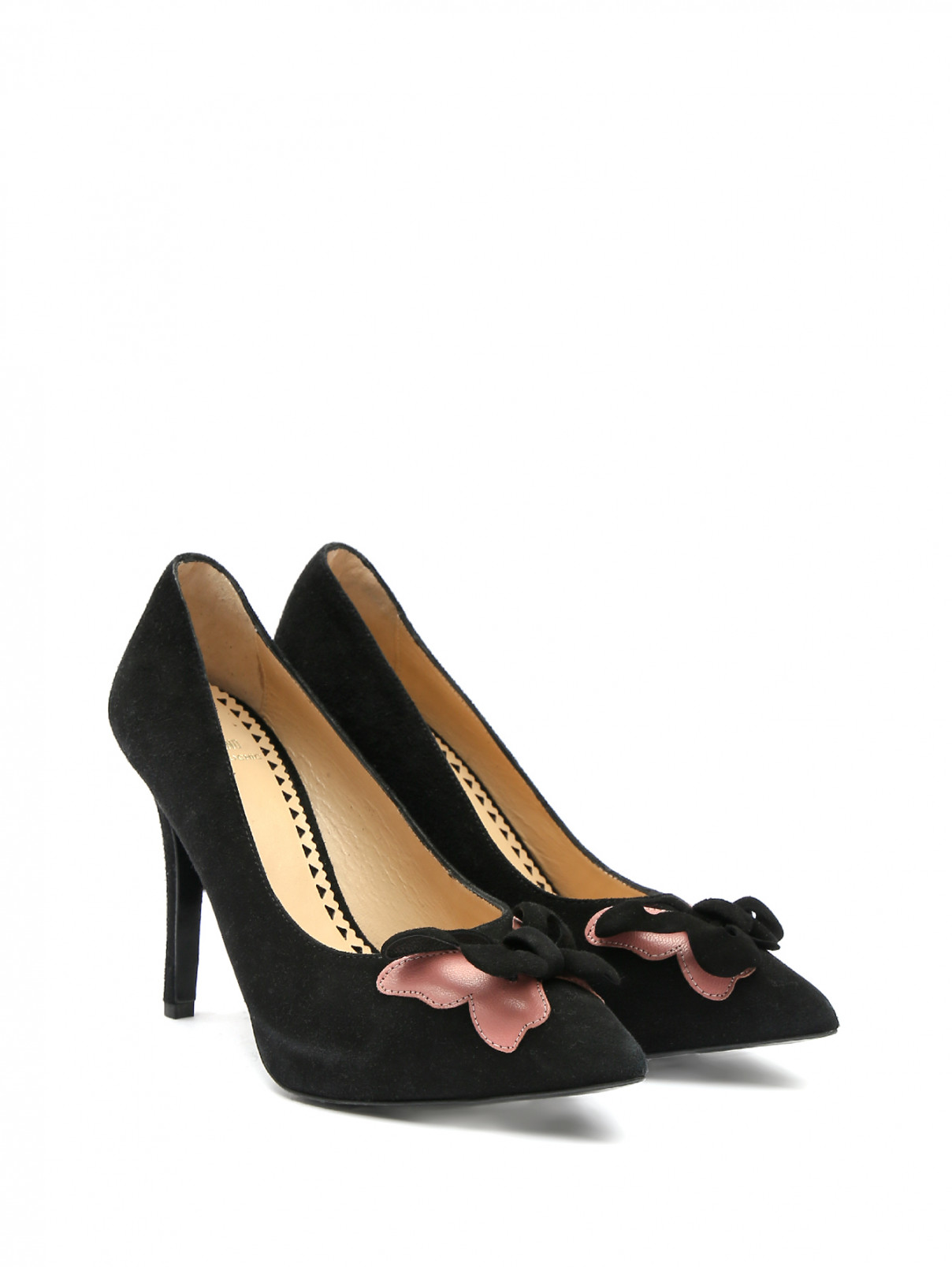 Туфли-лодочки из замши с декором на высоком каблуке Moschino  –  Общий вид  – Цвет:  Черный
