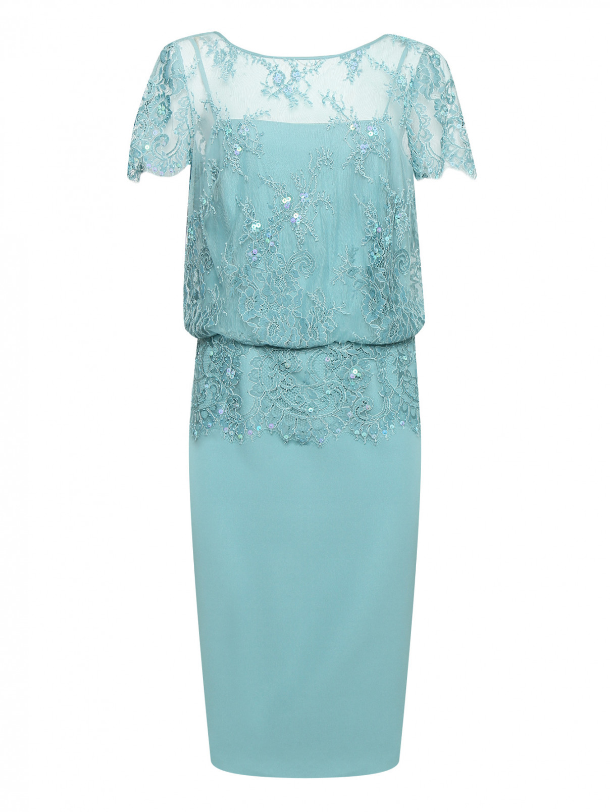 Платье из шелка с кружевной отделкой и аппликацией Luisa Spagnoli  –  Общий вид  – Цвет:  Синий