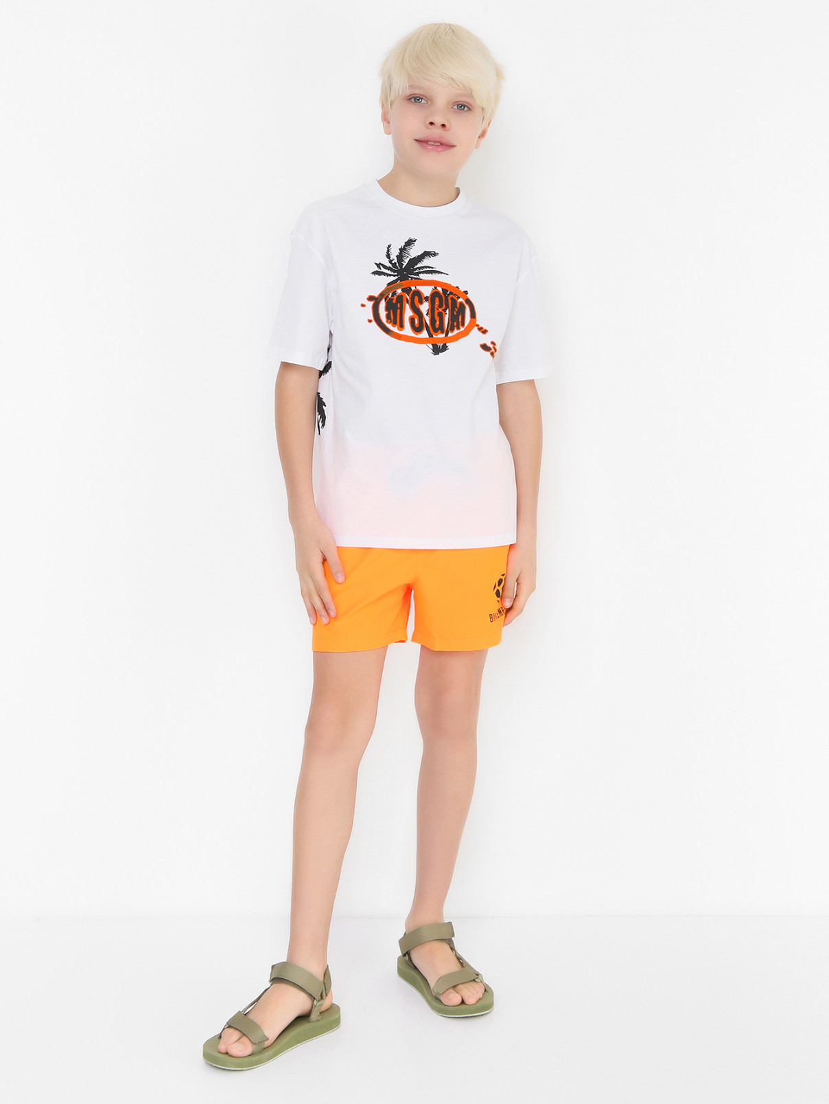 Хлопковая футболка с фактурным принтом MSGM  –  МодельОбщийВид  – Цвет:  Белый