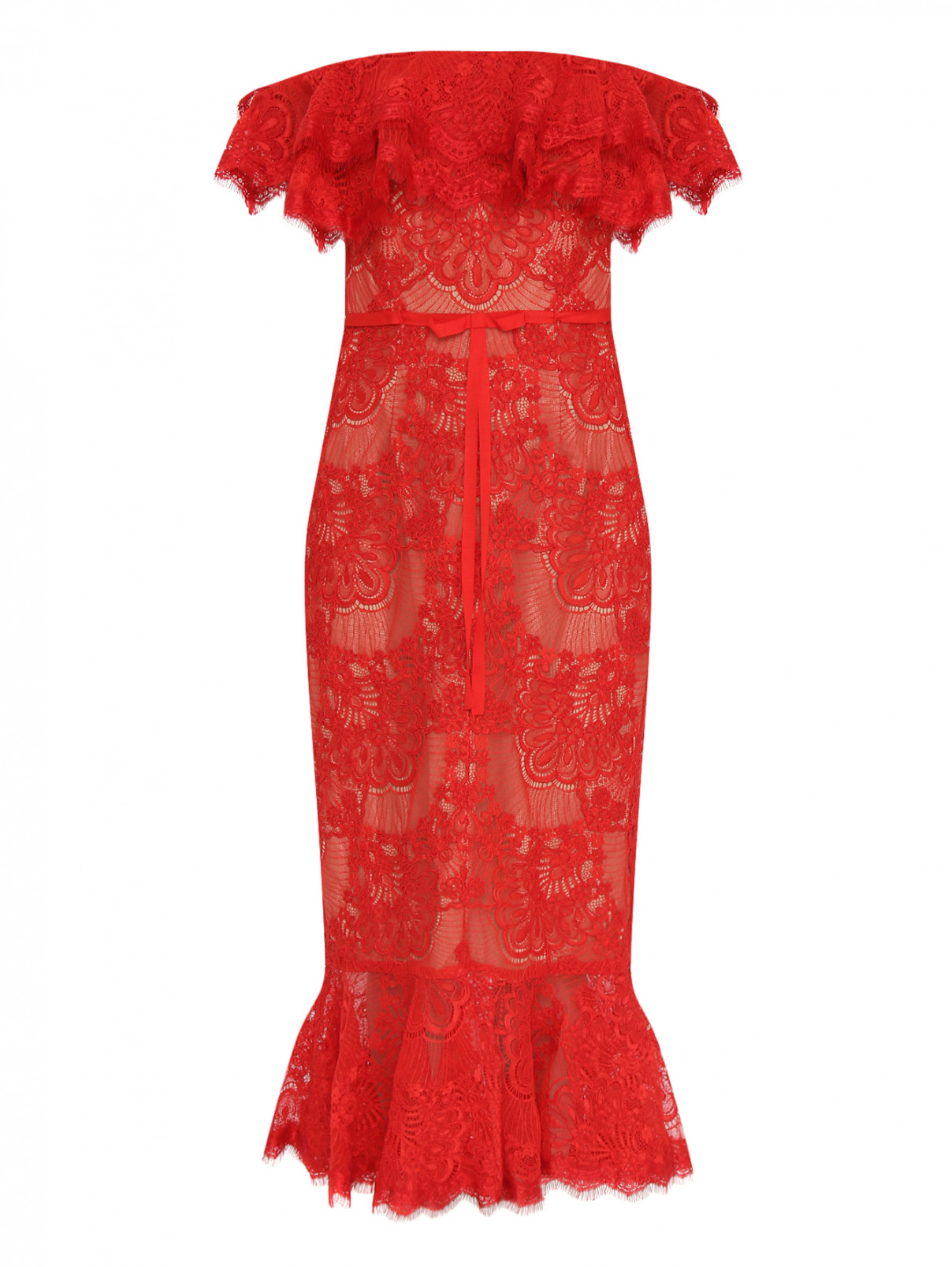 Платье-футляр с кружевным узором Marchesa  –  Общий вид  – Цвет:  Красный