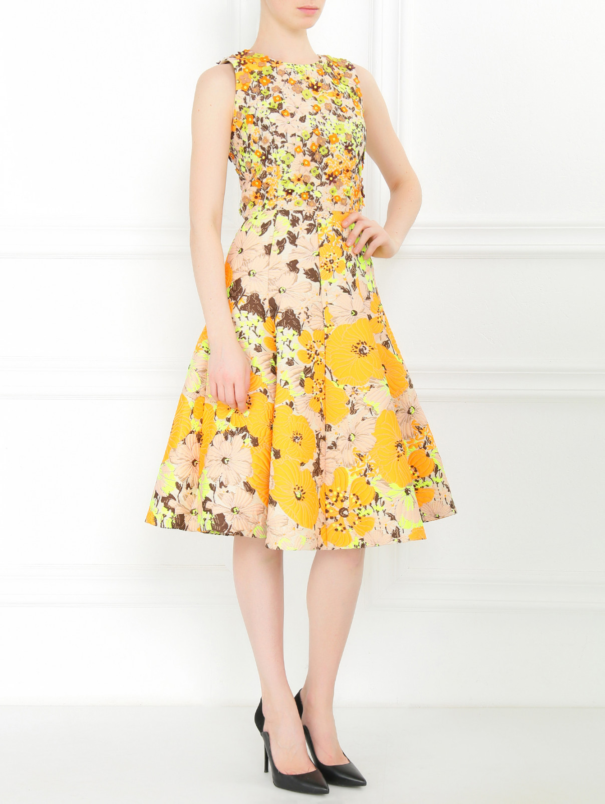 Платье-миди с цветочным узором и декоративной отделкой Andrew GN  –  Модель Общий вид  – Цвет:  Узор