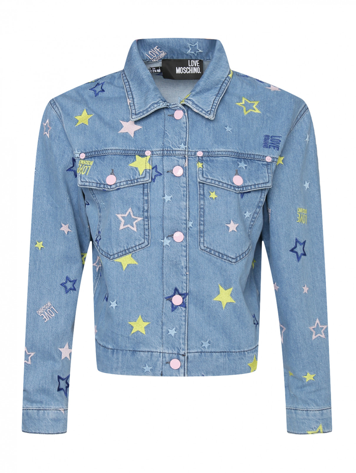 Джинсовая куртка из хлопка с вышивками Love Moschino  –  Общий вид  – Цвет:  Синий