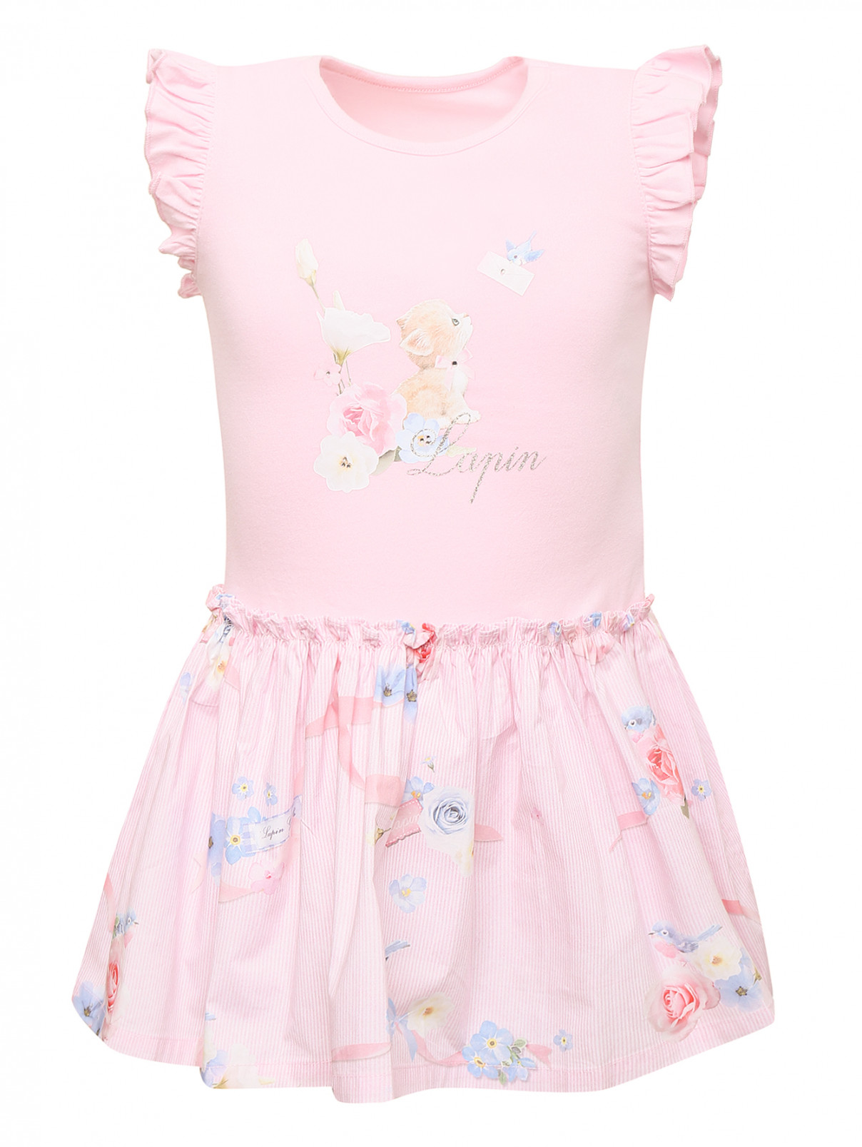Платье трикотажное с принтом Lapin House  –  Общий вид  – Цвет:  Розовый