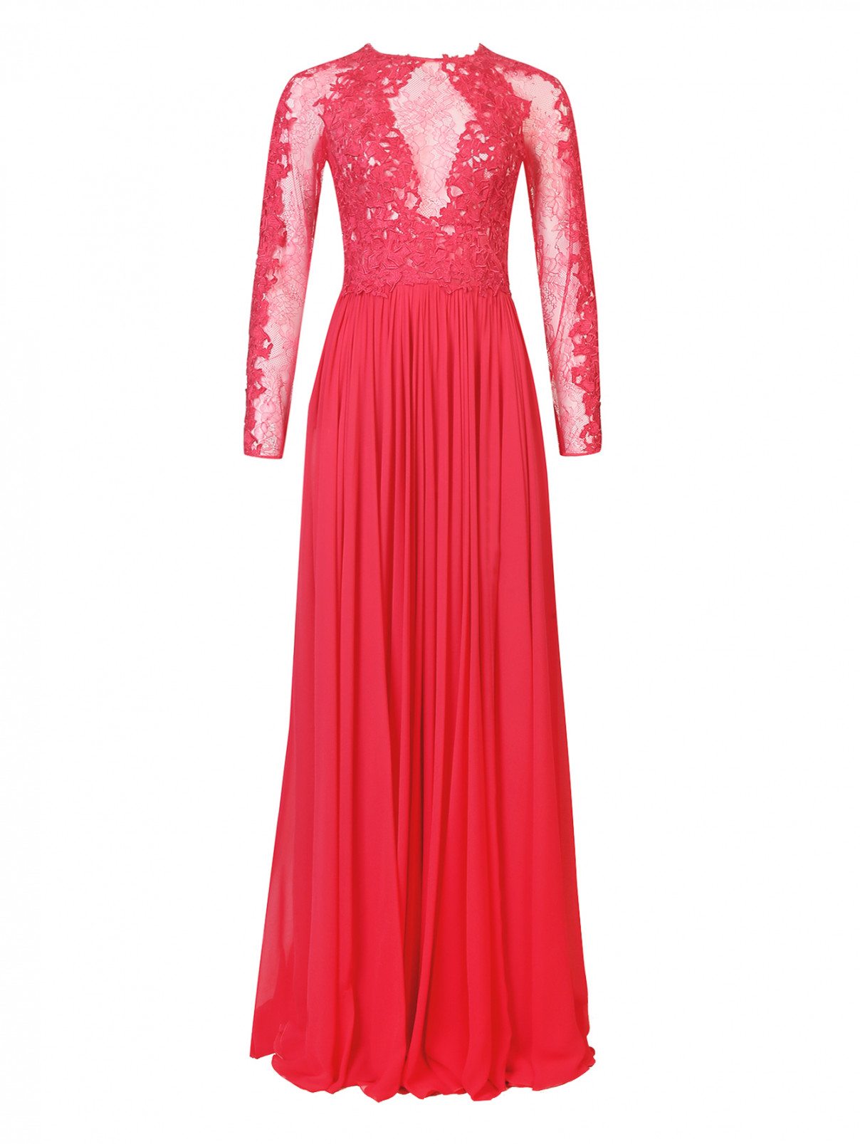 Платье в пол из шелка и кружева Zuhair Murad  –  Общий вид  – Цвет:  Красный