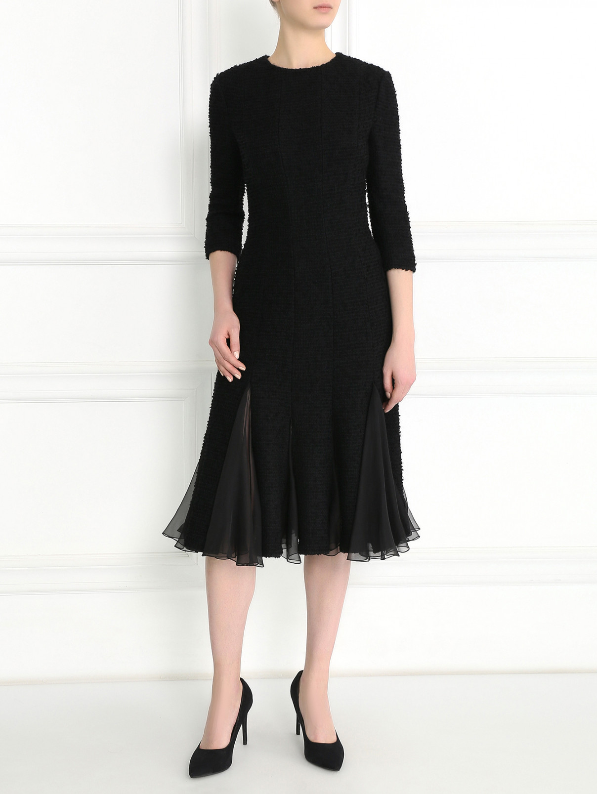 Платье-миди из смешанной шерсти с рельефными швами Giambattista Valli  –  Модель Общий вид  – Цвет:  Черный