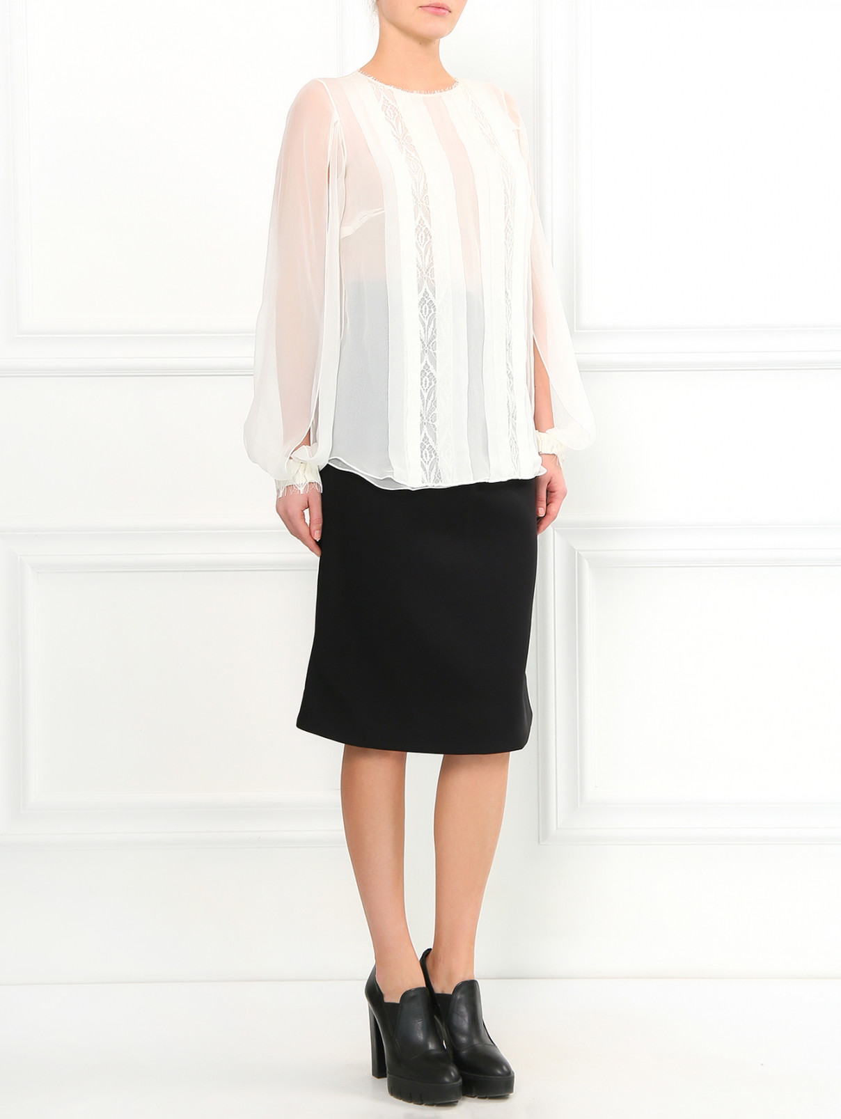 Шелковая блуза с кружевными вставками Zuhair Murad  –  Модель Общий вид  – Цвет:  Бежевый