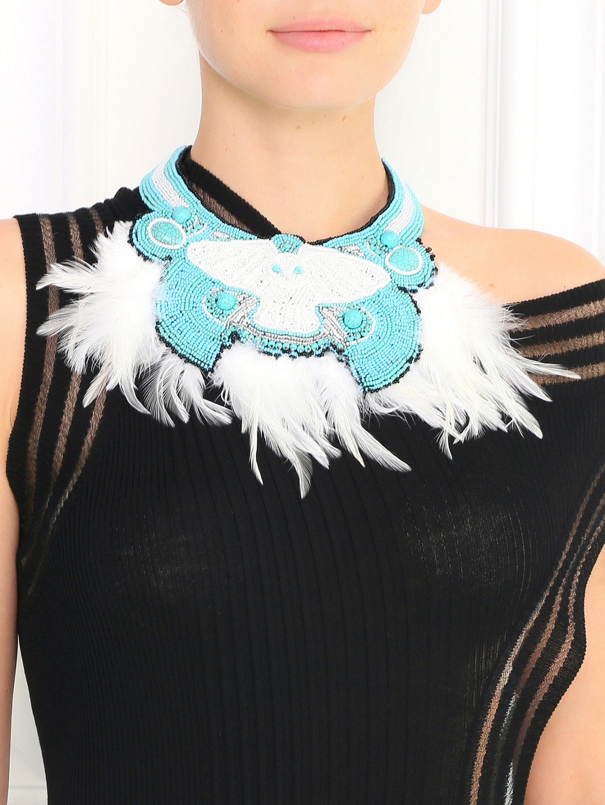 Ожерелье из бисера с перьями Евгения Линович  –  Модель Верх-Низ  – Цвет:  Синий