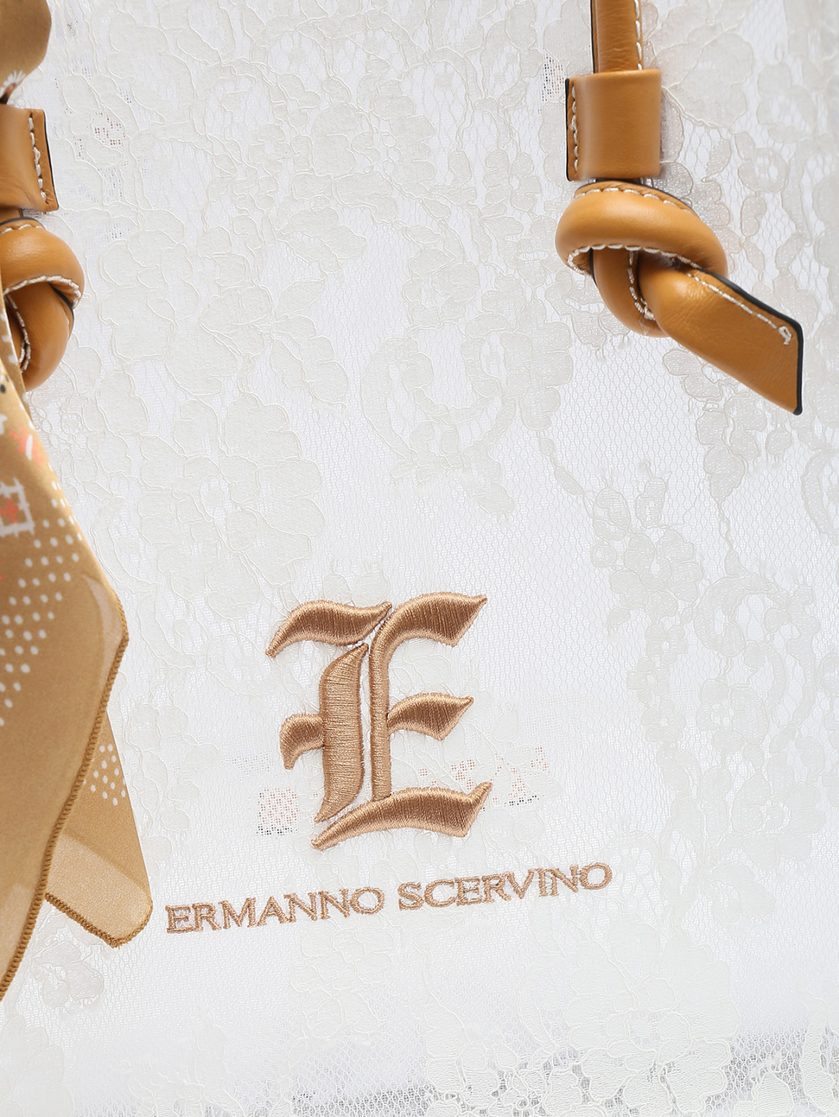 Сумка из кружева с вышивкой и декоративным платком на ручке Ermanno Scervino  –  Деталь  – Цвет:  Белый