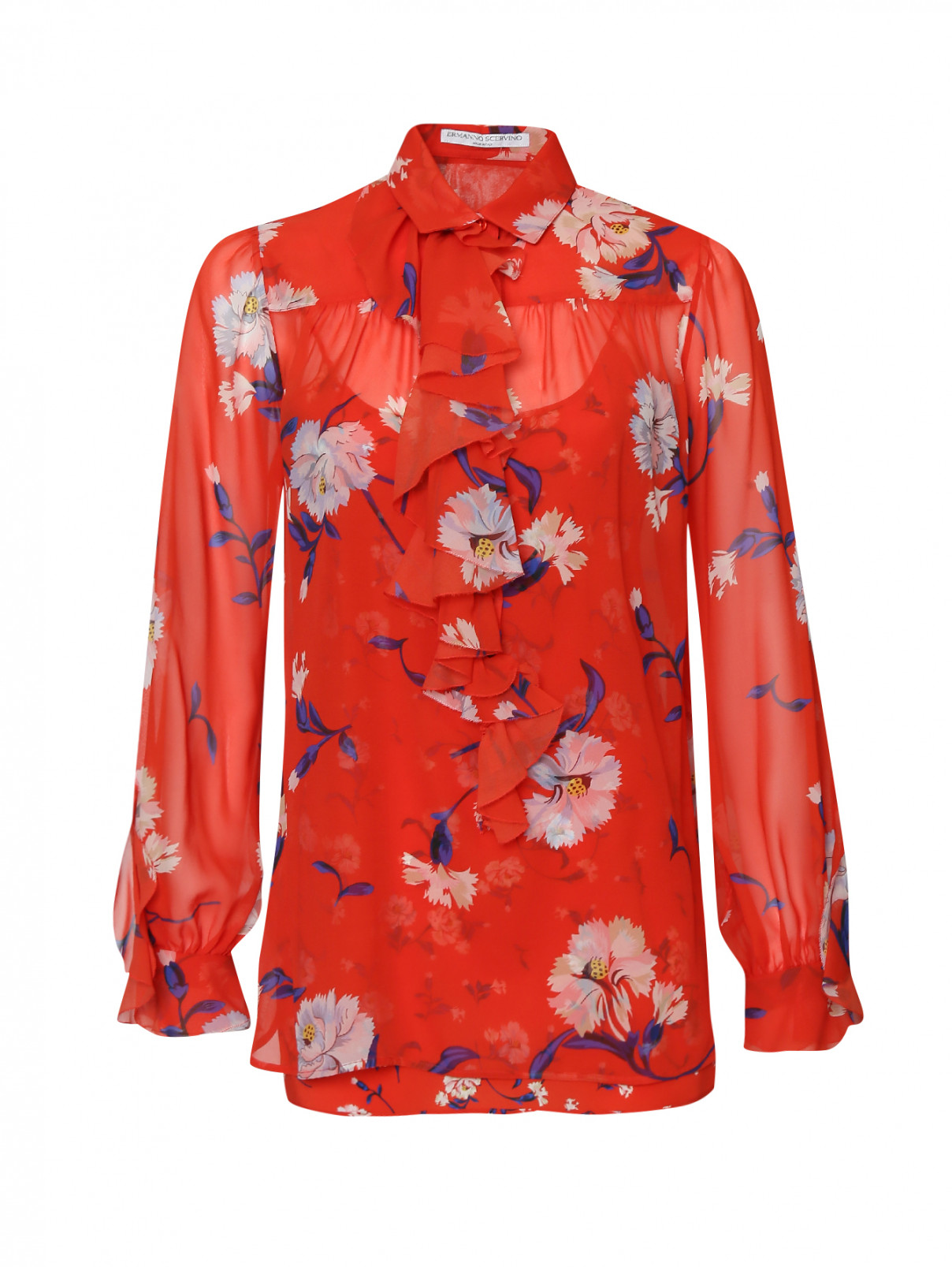 Блуза из шелка с жабо Ermanno Scervino  –  Общий вид  – Цвет:  Красный