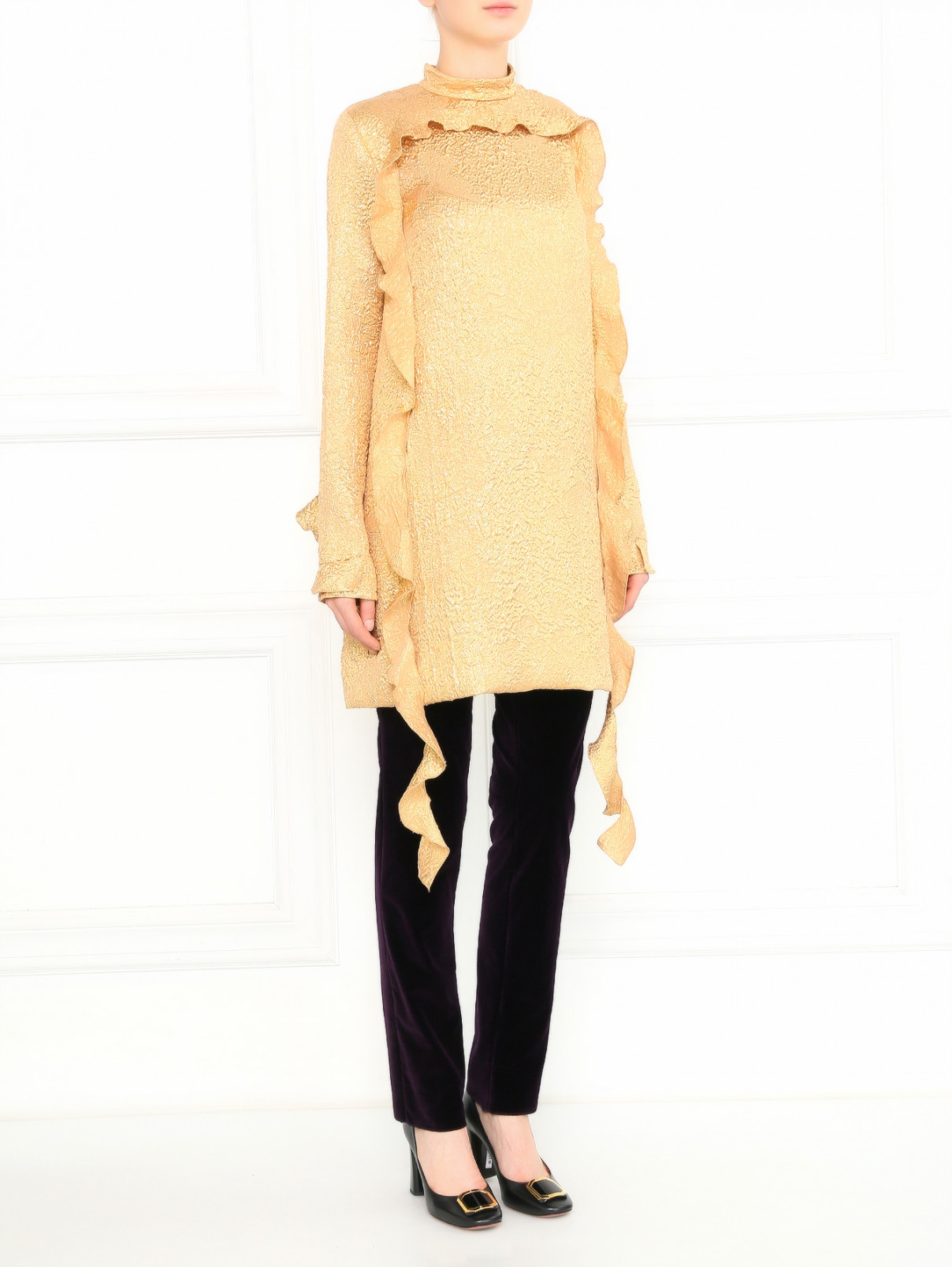 Платье-мини из фактурного шелка с оборками Rochas  –  Модель Общий вид  – Цвет:  Золотой