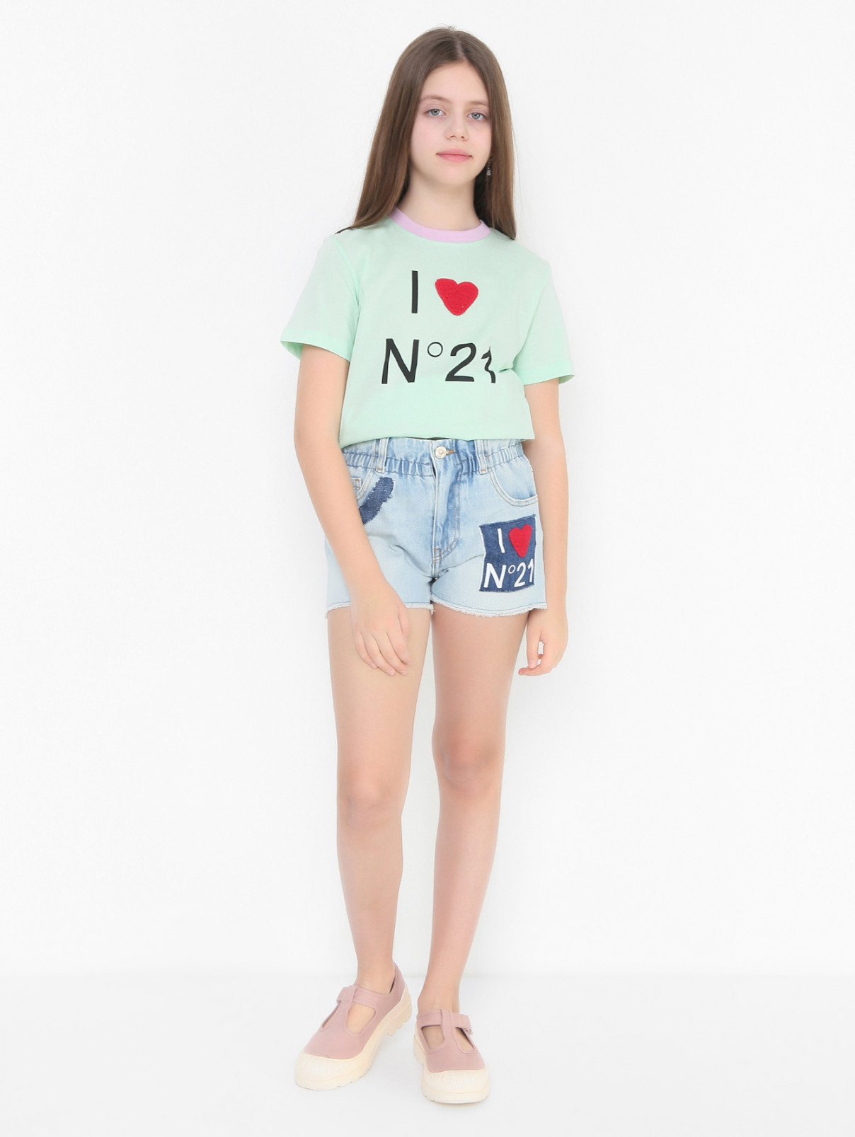 Хлопковая футболка с принтом и аппликацией N21  –  МодельОбщийВид  – Цвет:  Зеленый