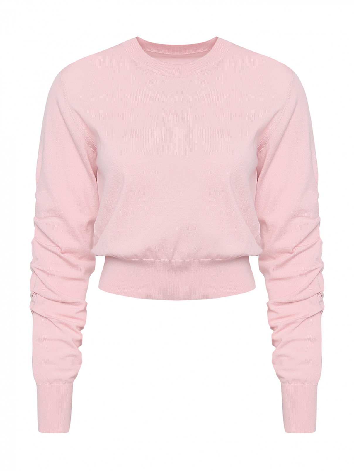 Джемпер из шерсти с круглым воротом и драпировкой на рукавах Mo&Co  –  Общий вид  – Цвет:  Розовый