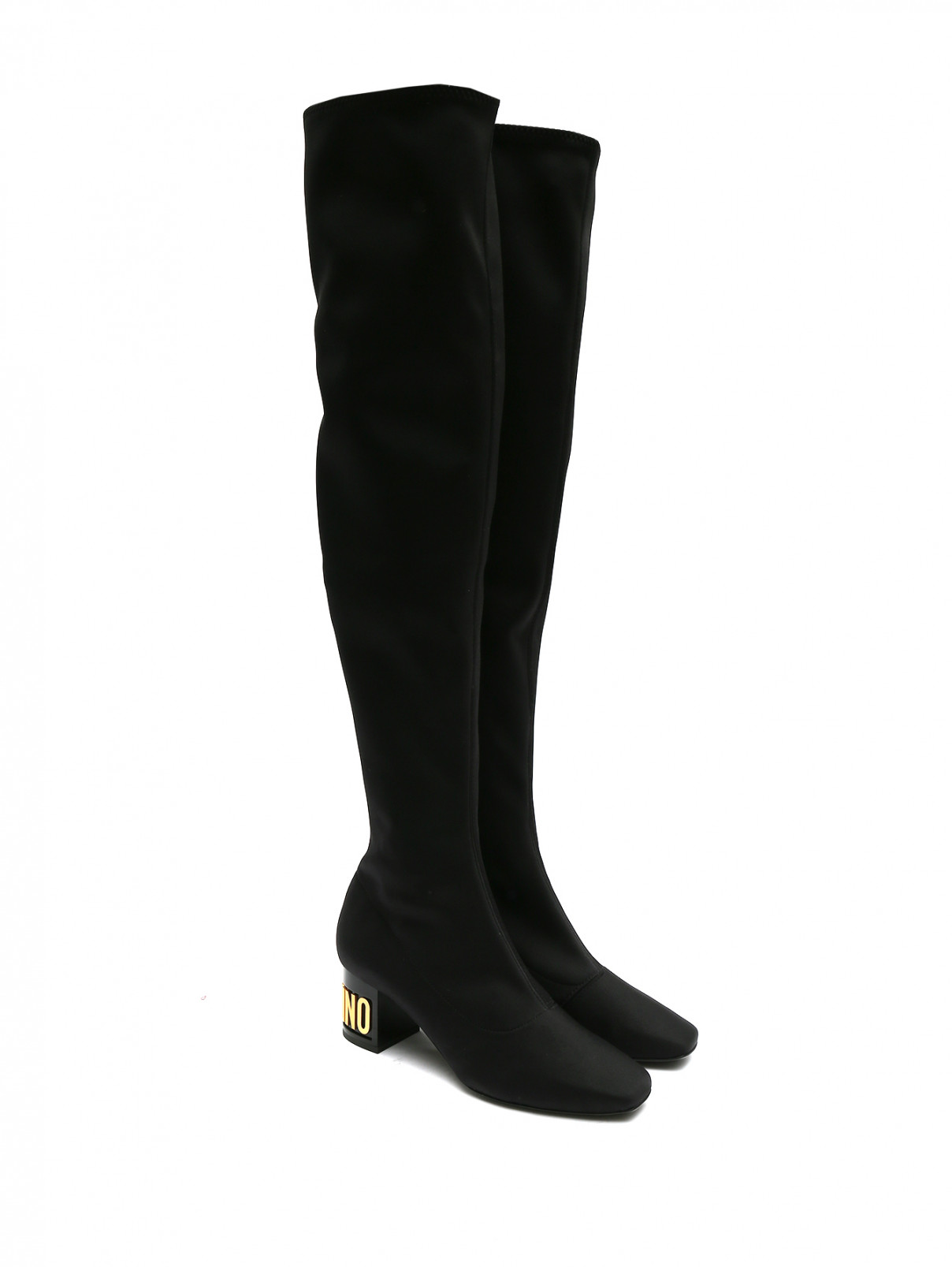 Ботфорты из эластичной ткани с принтом на каблуке Moschino Couture  –  Общий вид  – Цвет:  Черный