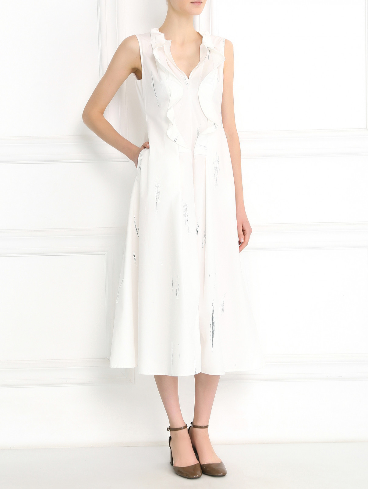 Платье-миди из хлопка с боковыми карманами Jil Sander  –  Модель Общий вид  – Цвет:  Белый