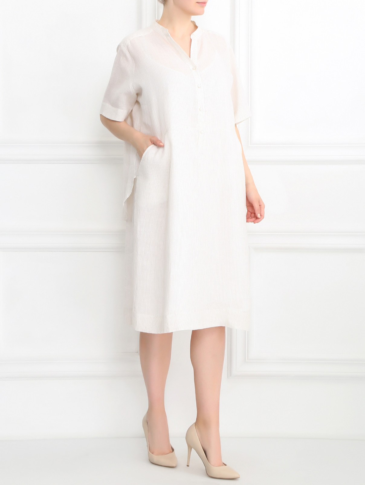 Платье из льна с узором "полоска" Marina Sport  –  Модель Общий вид  – Цвет:  Белый