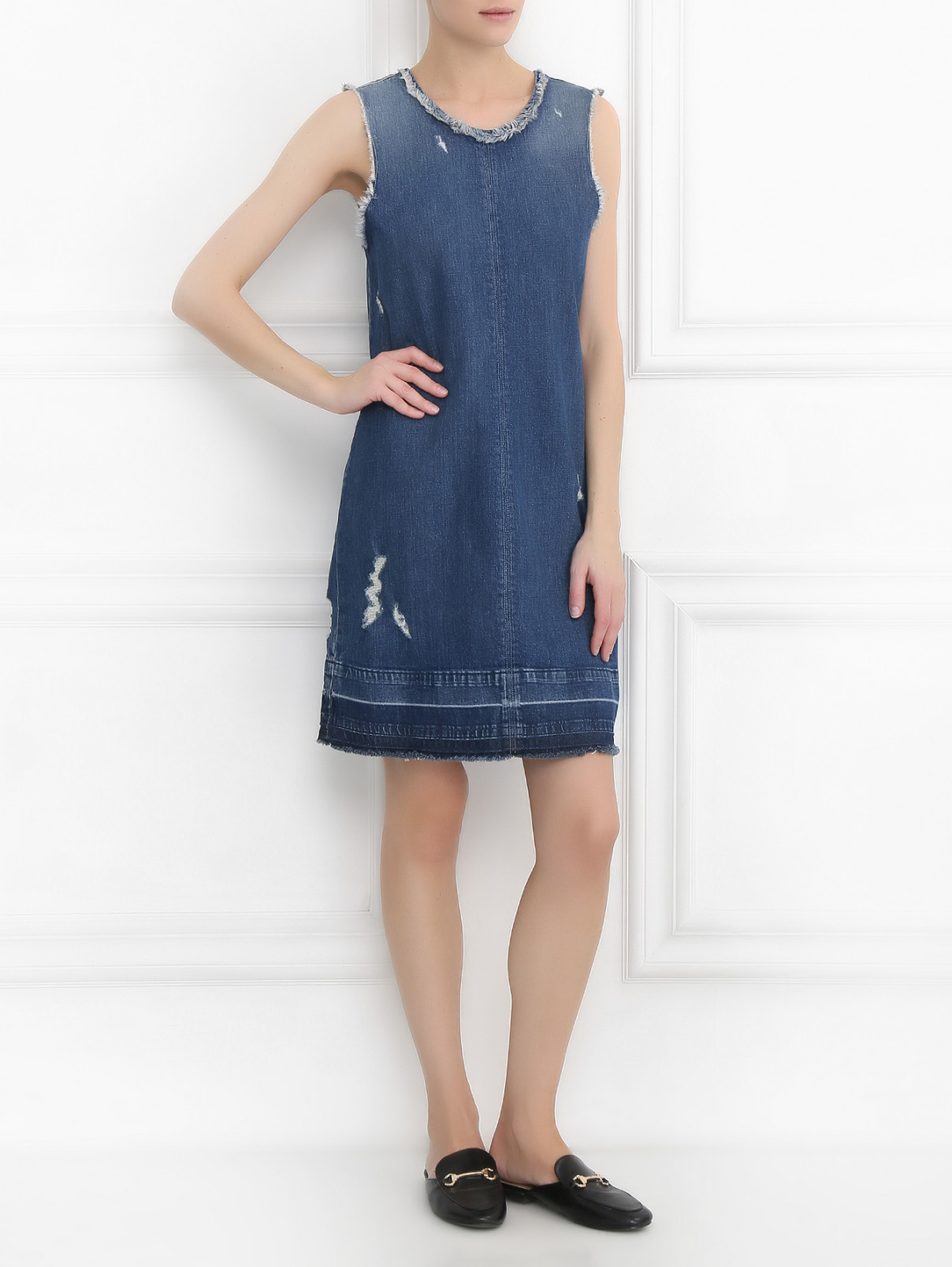 Платье-трапеция из плотного денима с потертостями J Brand  –  Модель Общий вид  – Цвет:  Синий
