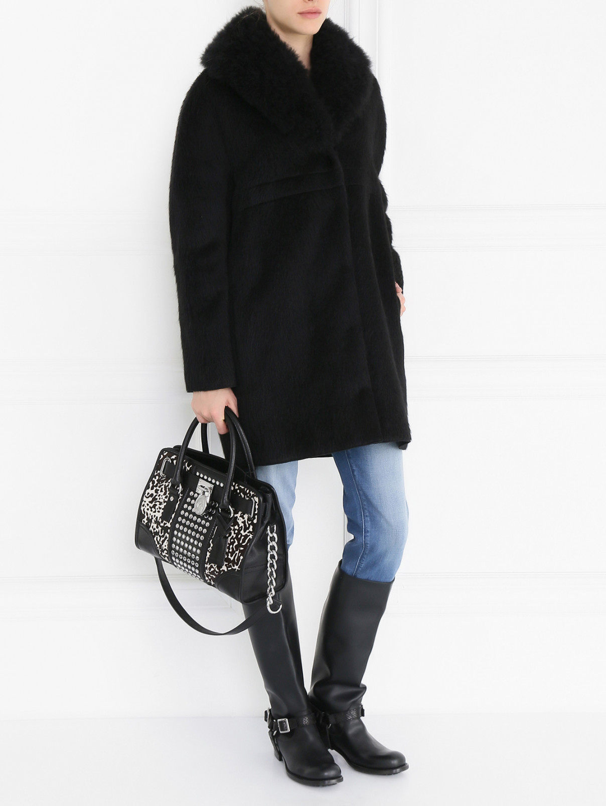Пальто из комбинированного меха Moncler  –  Модель Общий вид  – Цвет:  Черный