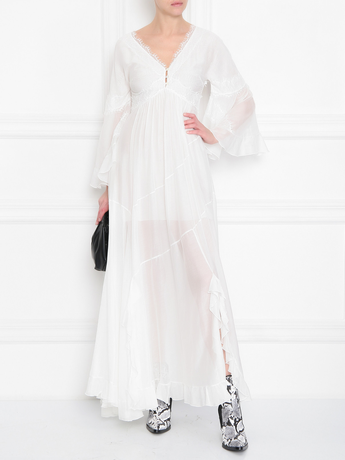 Платье из хлопка и шелка с кружевной отделкой Ermanno Firenze  –  МодельОбщийВид  – Цвет:  Белый