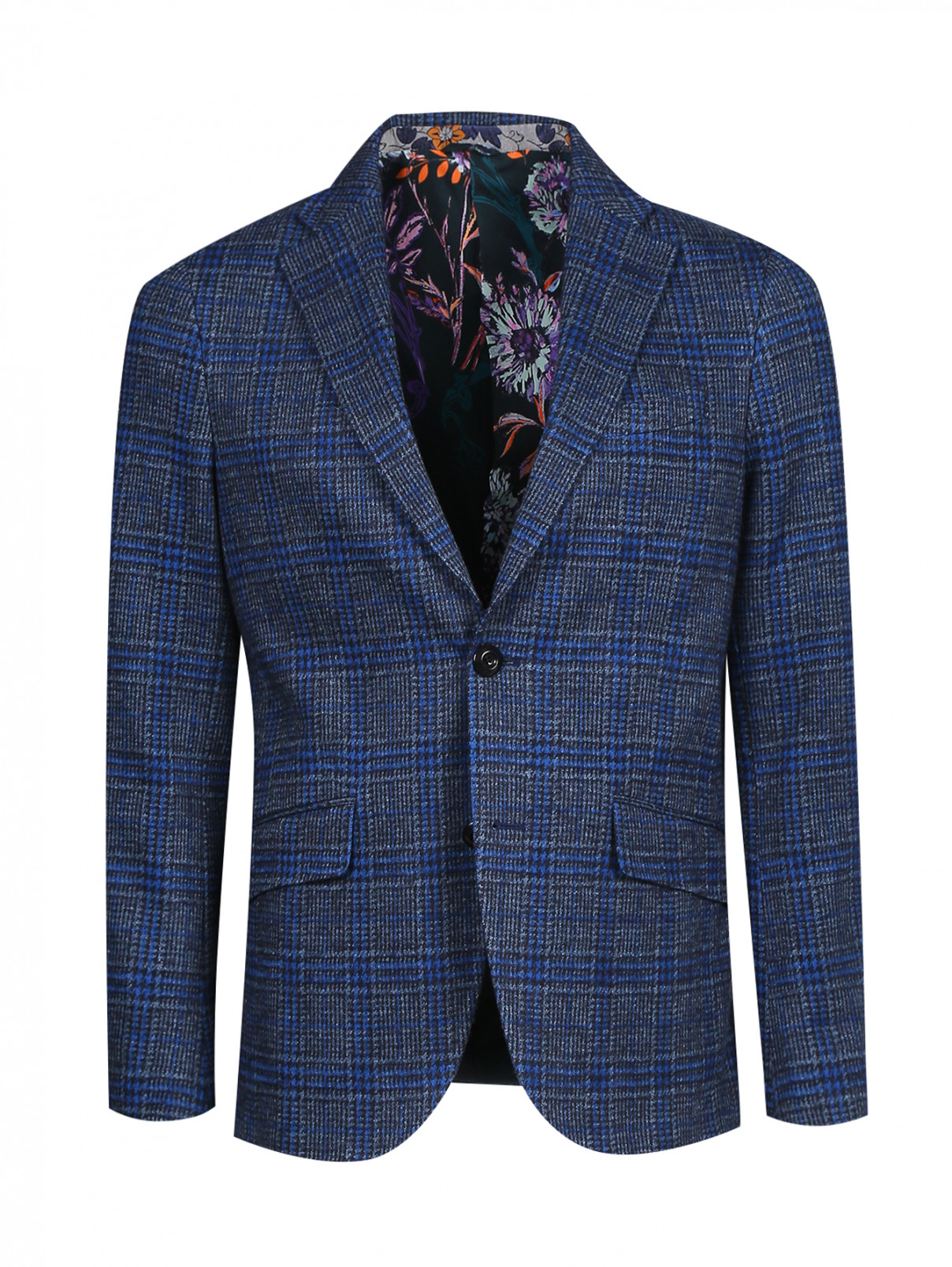 Пиджак однобортный из хлопка и шерсти с узором "клетка" Etro  –  Общий вид  – Цвет:  Синий