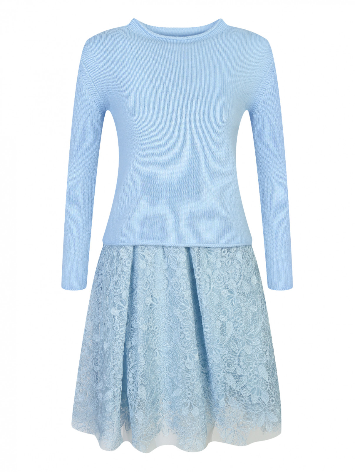 Платье из кашемира с кружевной юбкой Ermanno Scervino  –  Общий вид  – Цвет:  Синий