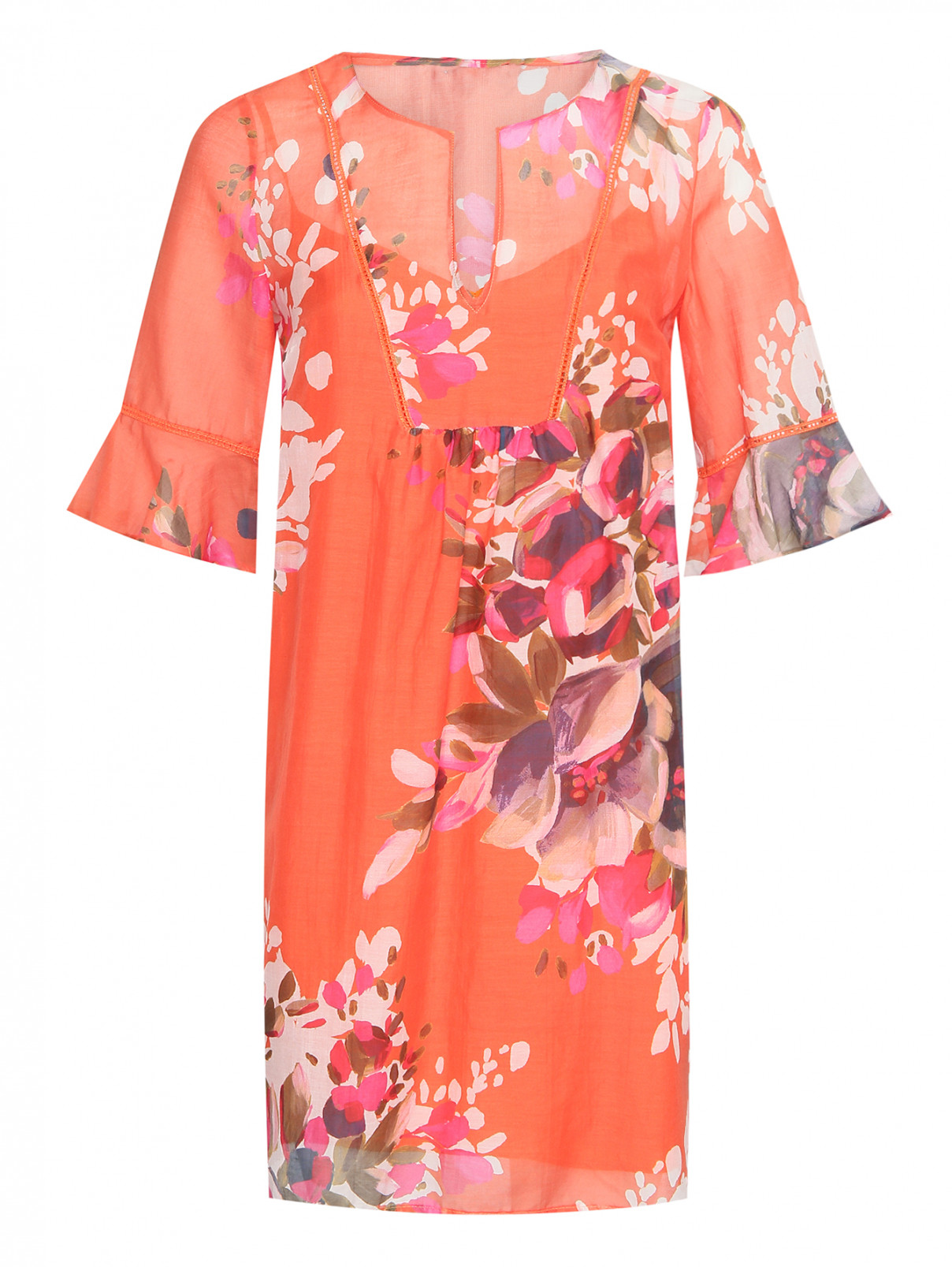 Платье из хлопка и шелка с цветочным принтом Caractere  –  Общий вид  – Цвет:  Оранжевый