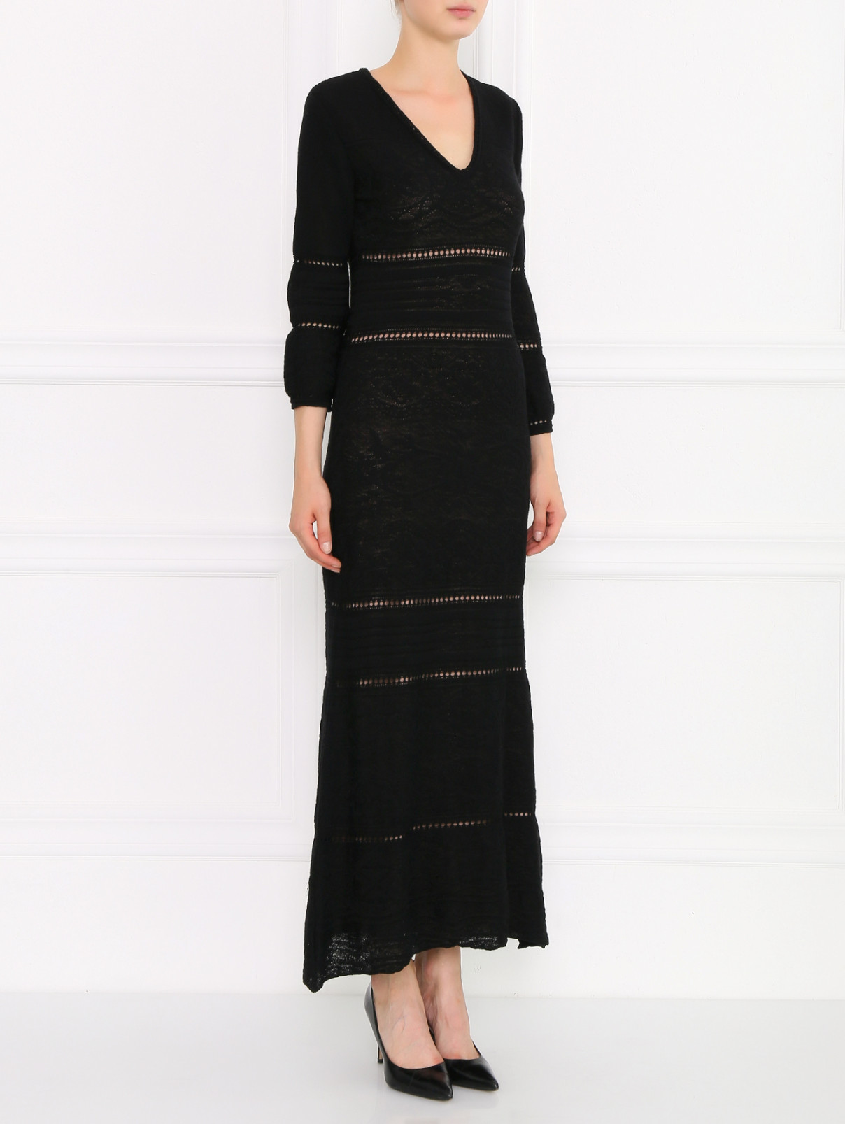 Платье-миди из кружевной ткани Alberta Ferretti  –  Модель Общий вид  – Цвет:  Черный