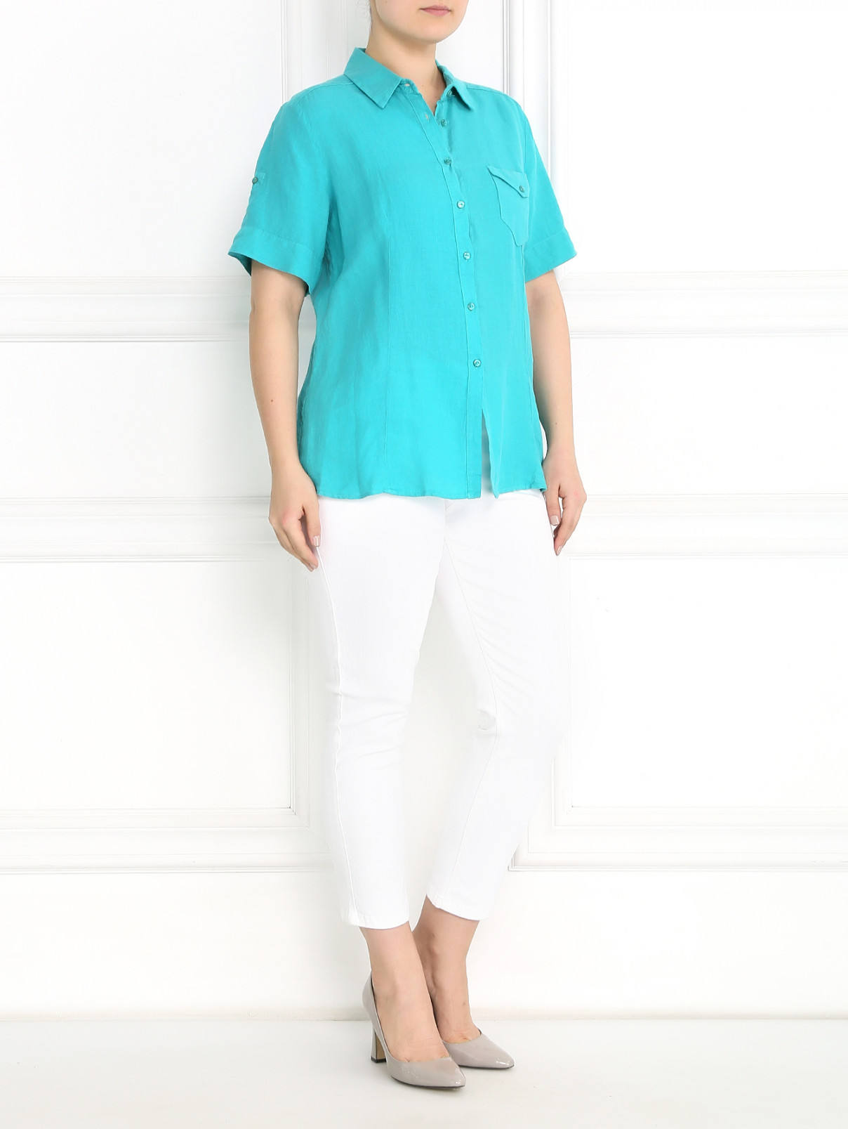 Блуза из льна с коротким рукавом Marina Sport  –  Модель Общий вид  – Цвет:  Зеленый