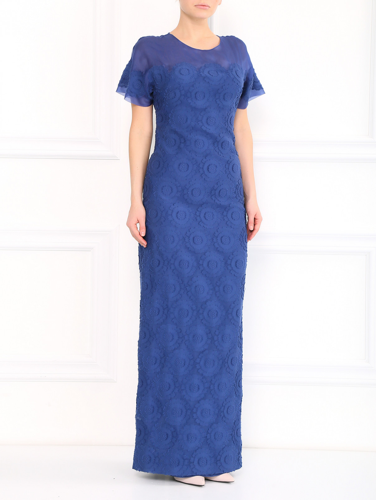 Платье-макси с фактурными цветами Ermanno Scervino  –  Модель Общий вид  – Цвет:  Синий