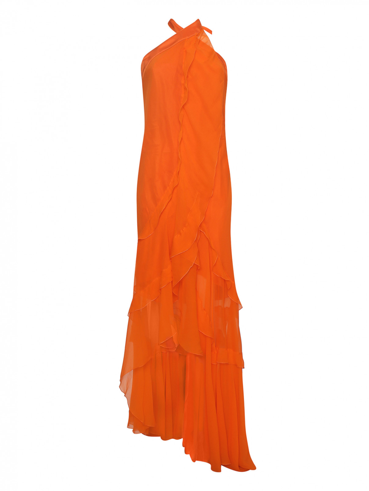 Асимметричное платье-макси из шелка с воланами Alberta Ferretti  –  Общий вид  – Цвет:  Оранжевый