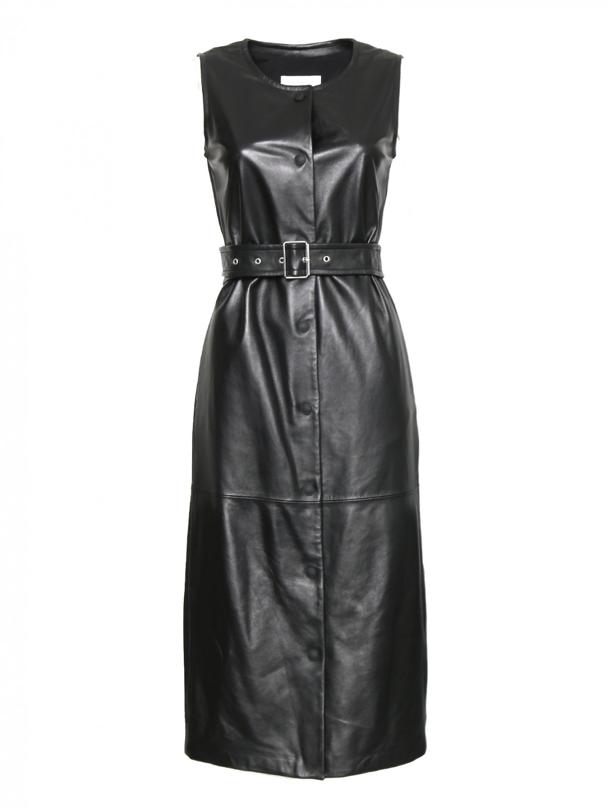Платье-макси из кожи с карманами Sportmax  –  Общий вид  – Цвет:  Черный